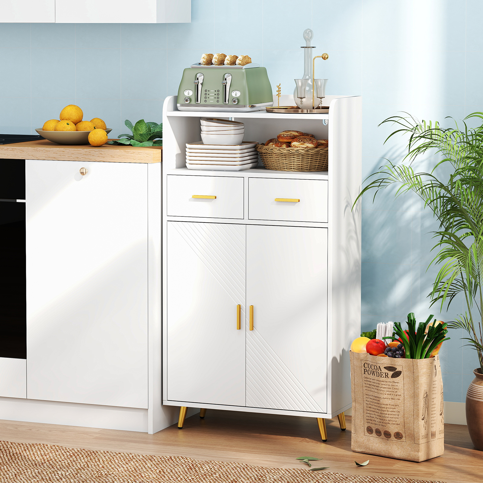 Costway Multifunctionele Kast met Dubbele Deuren & 2 Lades & Verstelbare Plank Keukenkast Wit