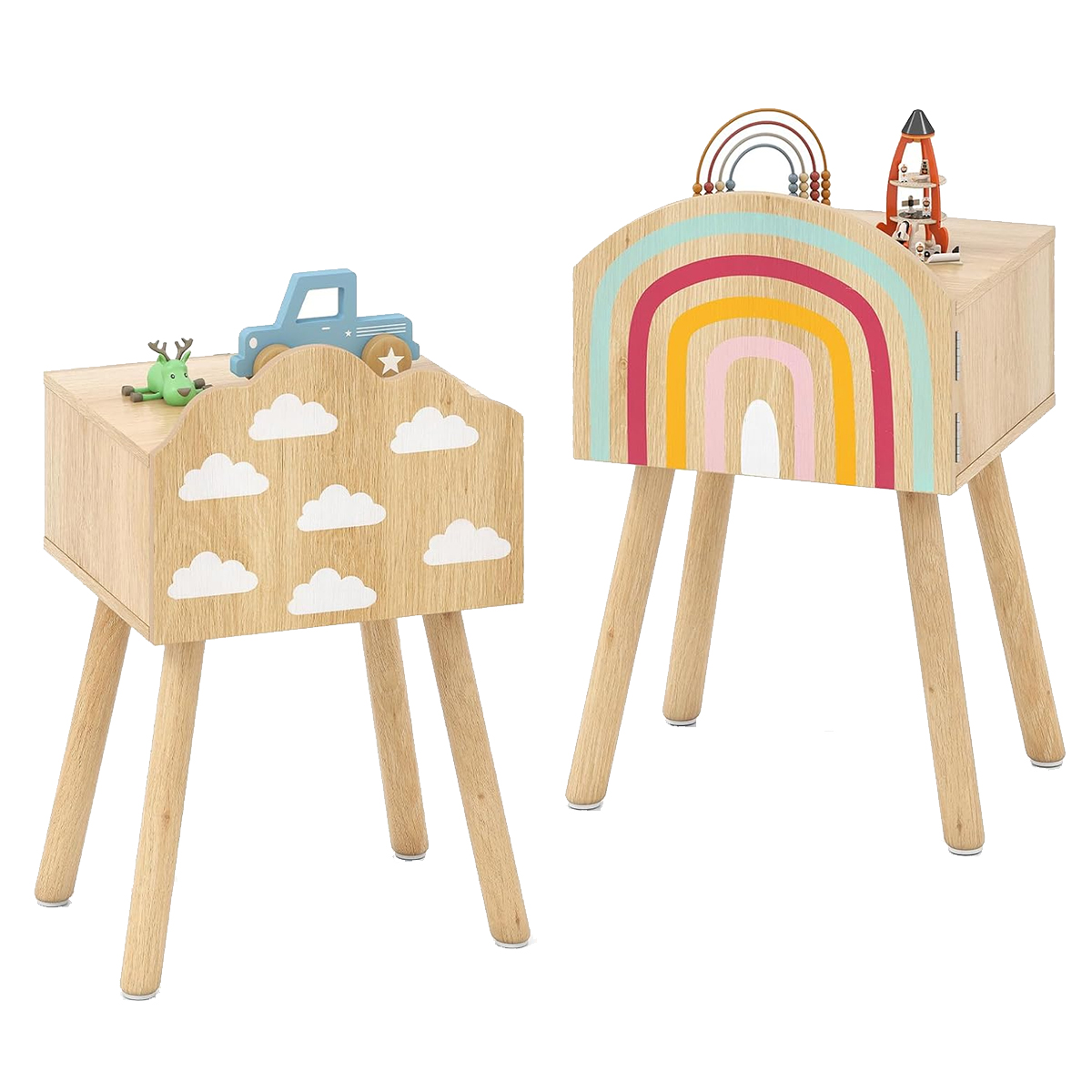 Costway 2er Set Kinder Nachttisch Nachtschrank met Kleine Kast & Massief Houten Poten Bijzettafel Schattig 34 x 30 x 54 cm