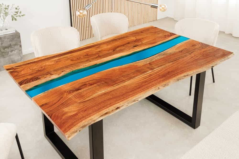 Invicta Interior Massieve eettafel LIQUID 160cm bruin acaciahout boomrand zwart ijzer blauw - 45831