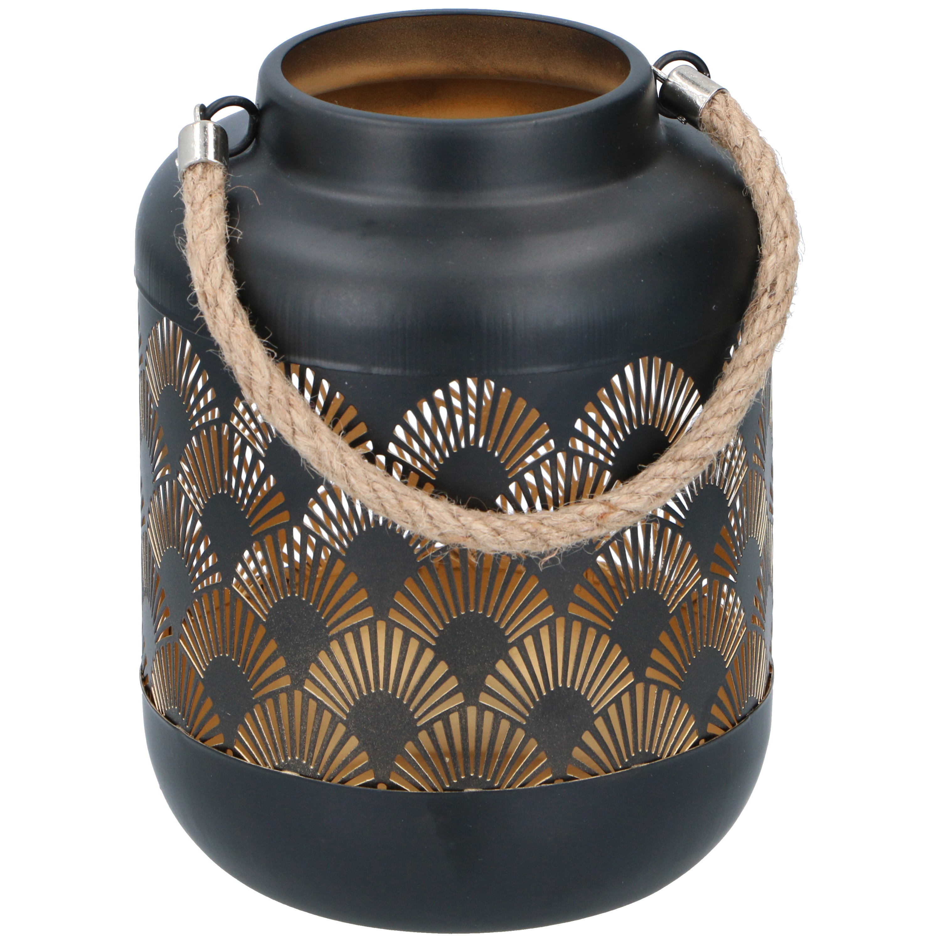Merkloos Sfeer lantaarn zwart metaal Waaier print stijl - 17 cm - met touw hengsel - Diameter 13 cm -