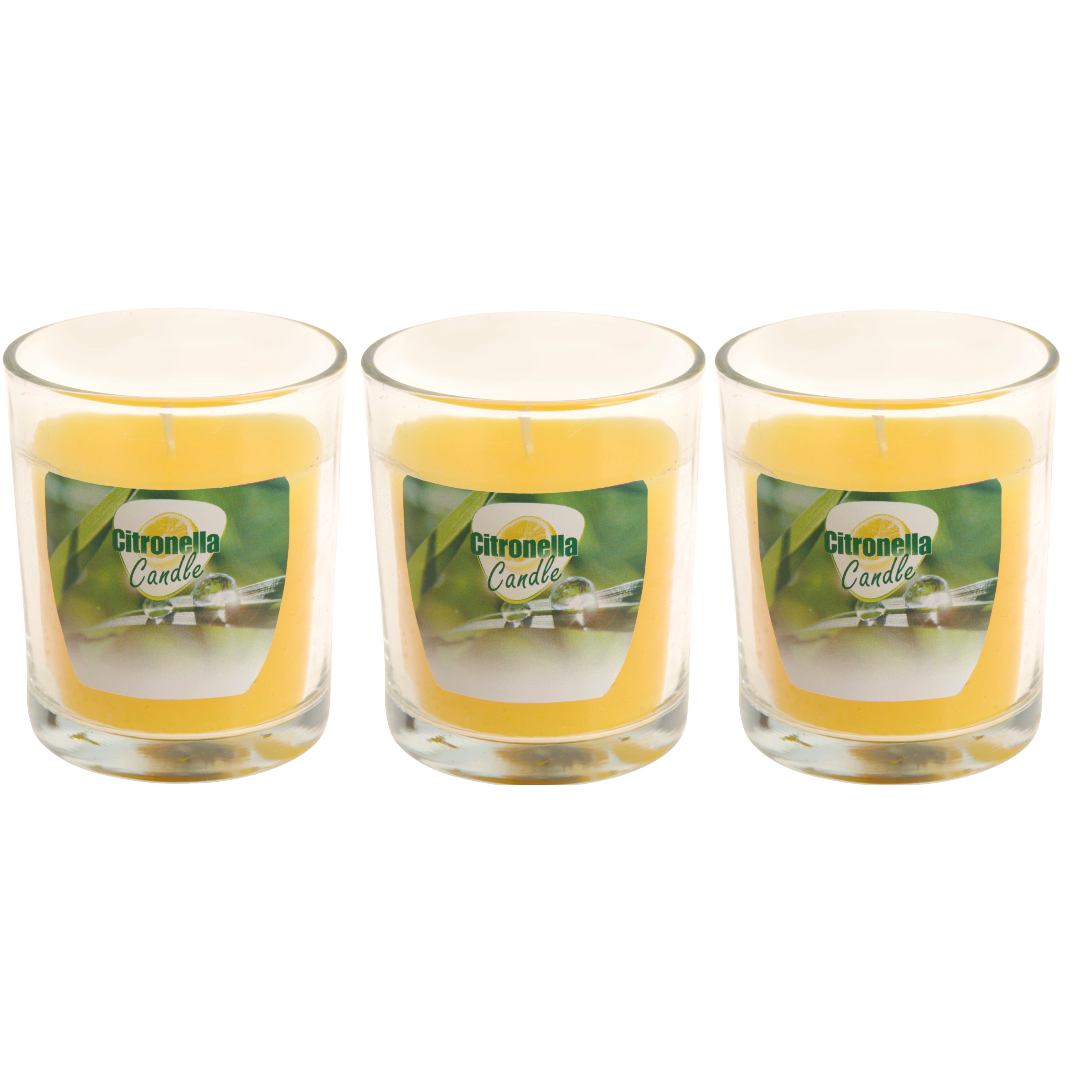 Merkloos 3x stuks citronella glazen tafelkaarsen geel 7 x 8 cm -