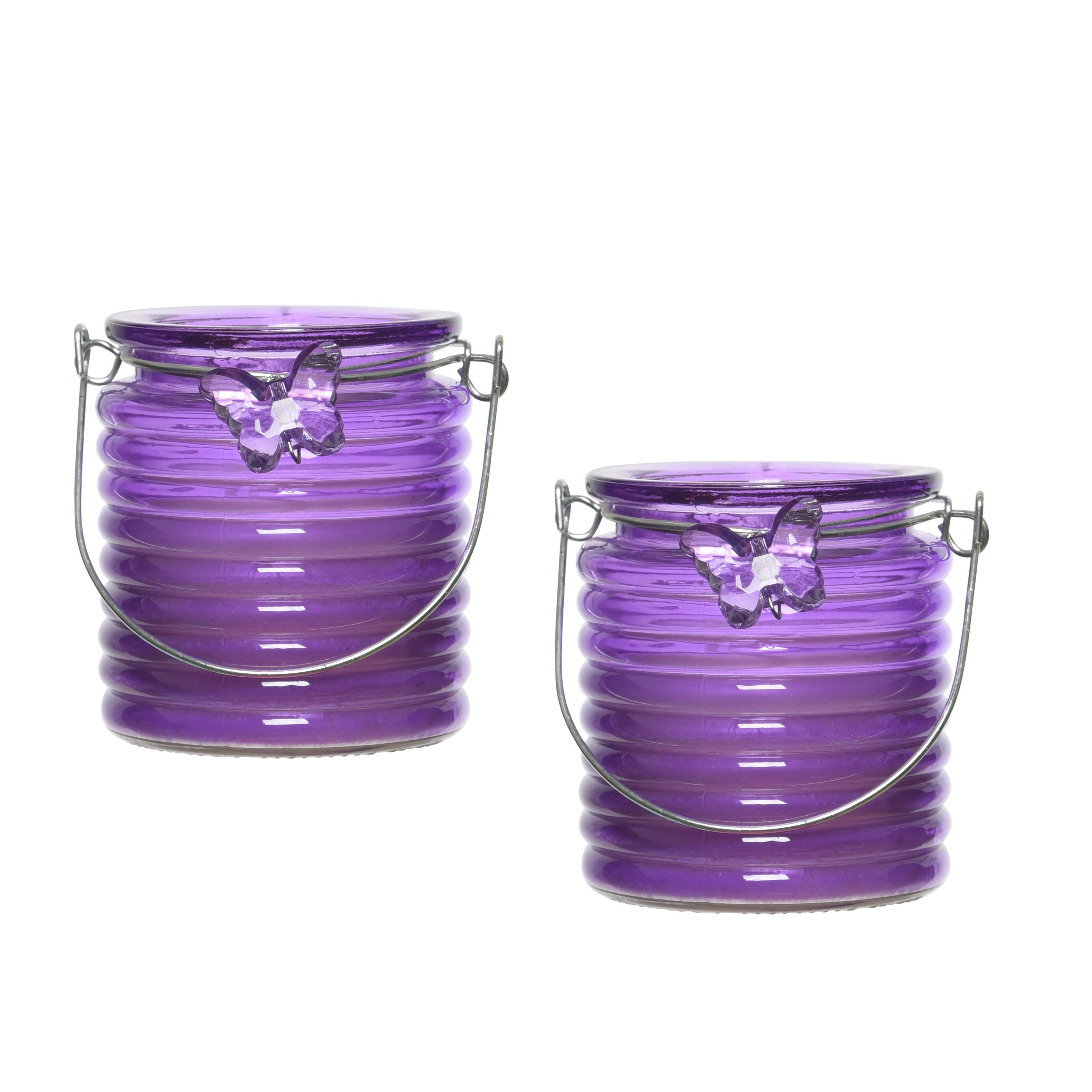 Decoris Citronella windlicht met kaars - 2x - paars - 20 branduren - citrusgeur -