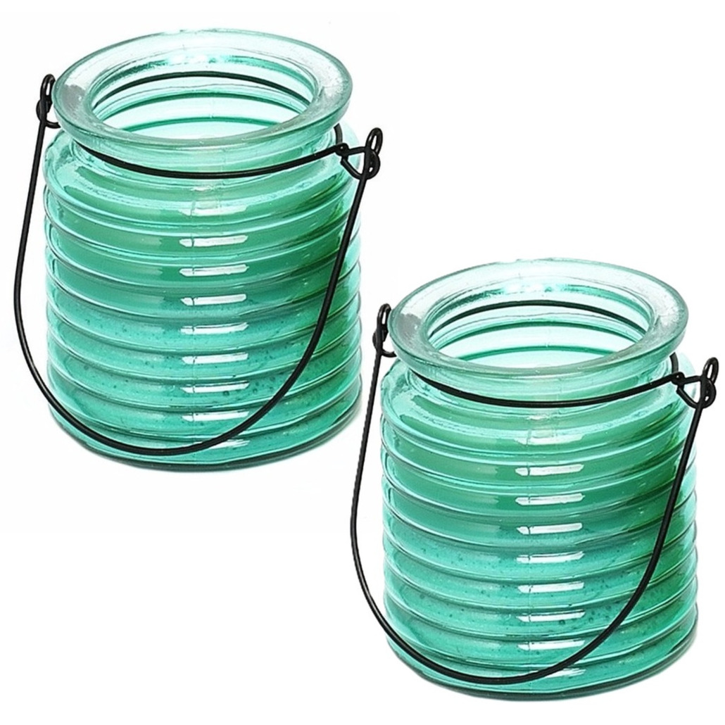 Merkloos Citronellakaars - 2x - in blauw geribbeld glas - 8 cm - insecten verjagen - buitenkaars -