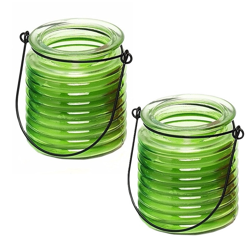 Merkloos Citronellakaars - 2x - in groen geribbeld glas - 8 cm - insecten verjagen - buitenkaars -