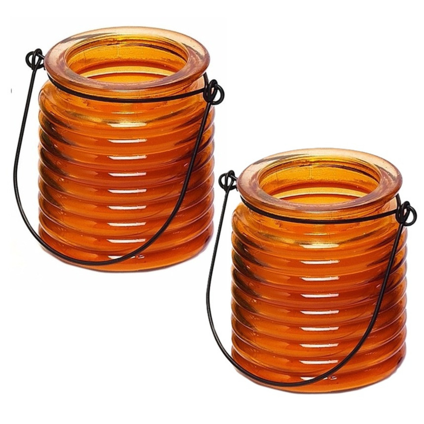Merkloos Citronellakaars - 2x - in oranje geribbeld glas - 8 cm - insecten verjagen - buitenkaars -