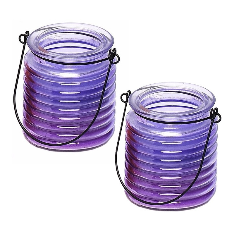 Merkloos Citronellakaars - 2x - in paars geribbeld glas - 8 cm - insecten verjagen - buitenkaars -
