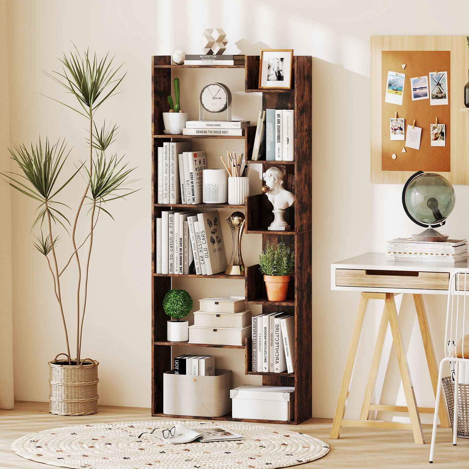Costway 6-laags Boekenrek Houten Rek met 2 Kantelbeveiligingen Open Tentoonstellingsrek 69 x 22 x 163 cm
