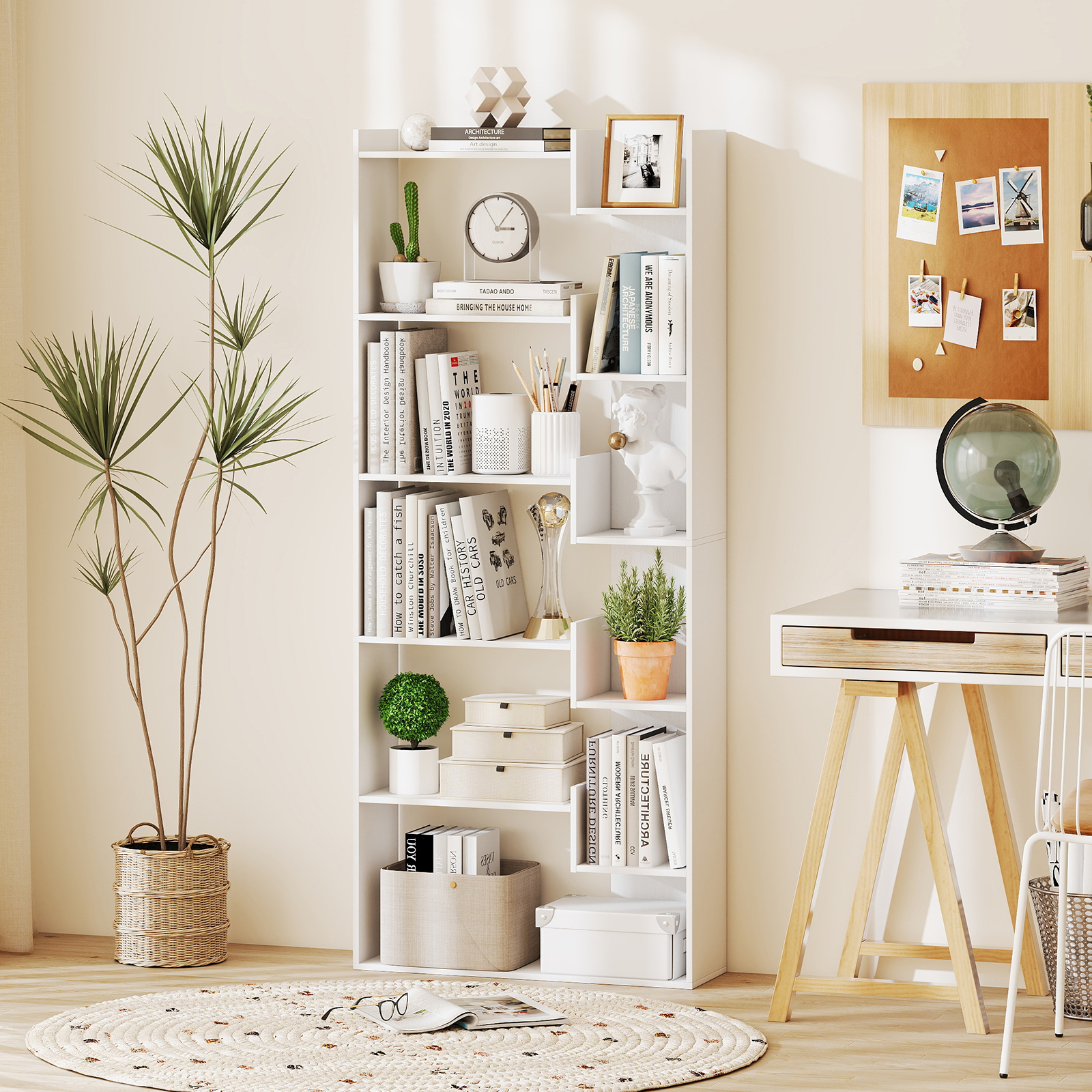Costway 6-laags Boekenrek Houten Rek met 2 Kantelbeveiligingen Open Tentoonstellingsrek 69 x 22 x 163 cm Wit