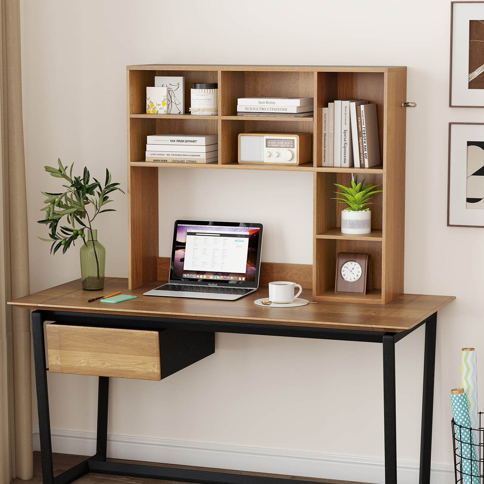 Costway Bureau Rek Tafelrek met 7 Vakken Bureau Opzetrek voor Monitoren tot 27 94 x 25 x 79 cm Natuur