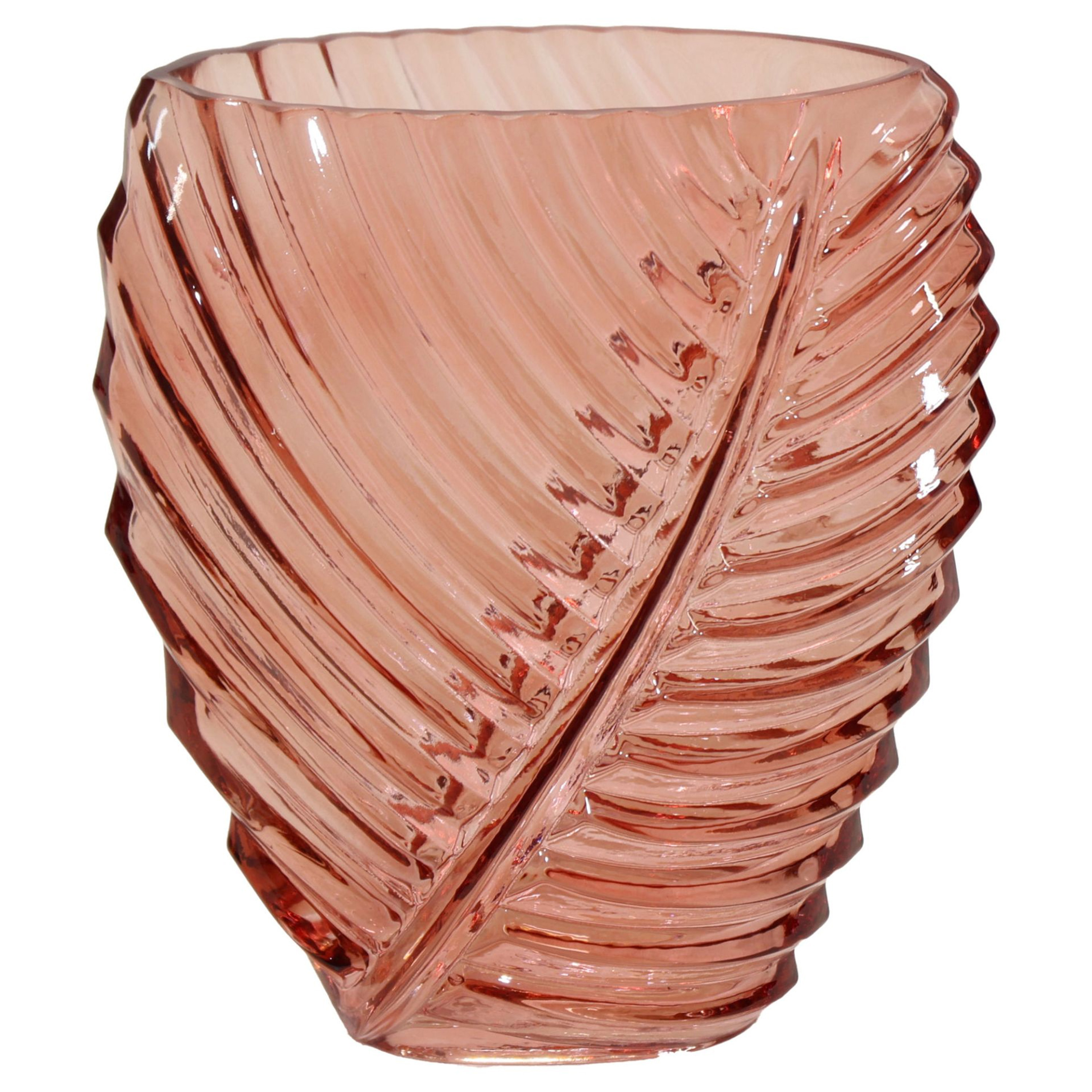 Mega Collections Bloemenvaas Leafy - roze - glas - blader relief - 14 x 25 cm -