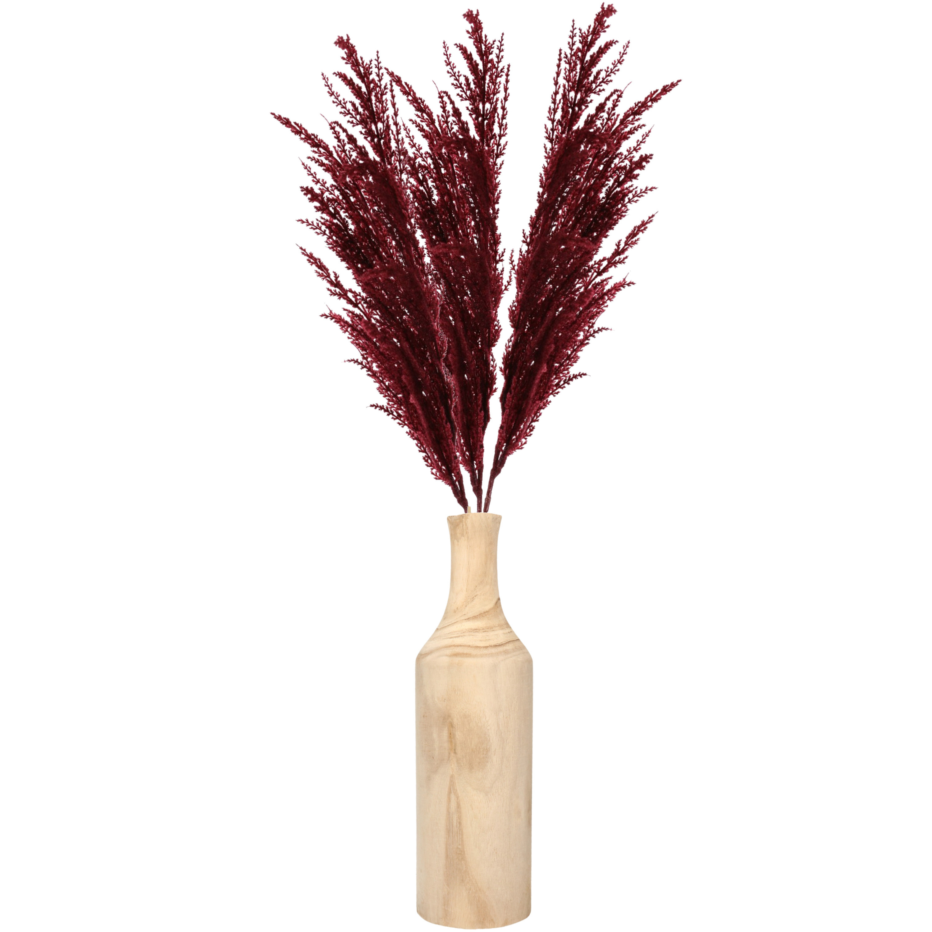Bellatio flowers & plants Decoratie pampasgras kunst pluimen in houten vaas - bordeaux rood - 100 cm -