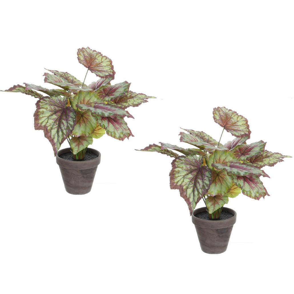 Mica Decorations 2x stuks begonia kunstplanten rood in grijze sierpot H40 cm x D38 cm -