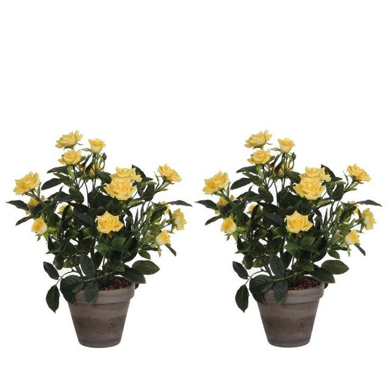 Mica Decorations 2x Gele Rosa/rozen kunstplanten 33 cm in grijze pot -