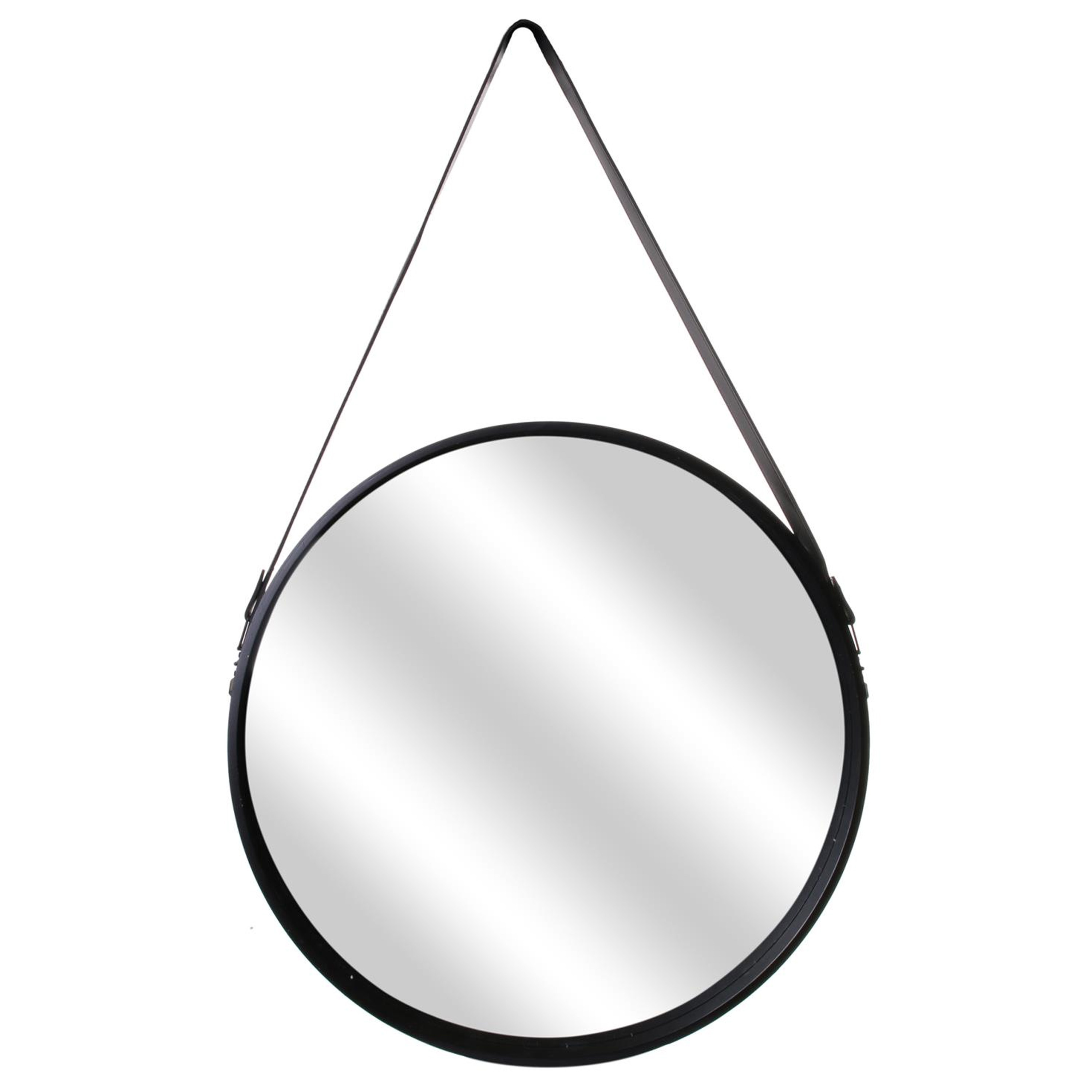 Home Deco Factory spiegel - rond - zwart - hout - met leren handvat - D50 cm -
