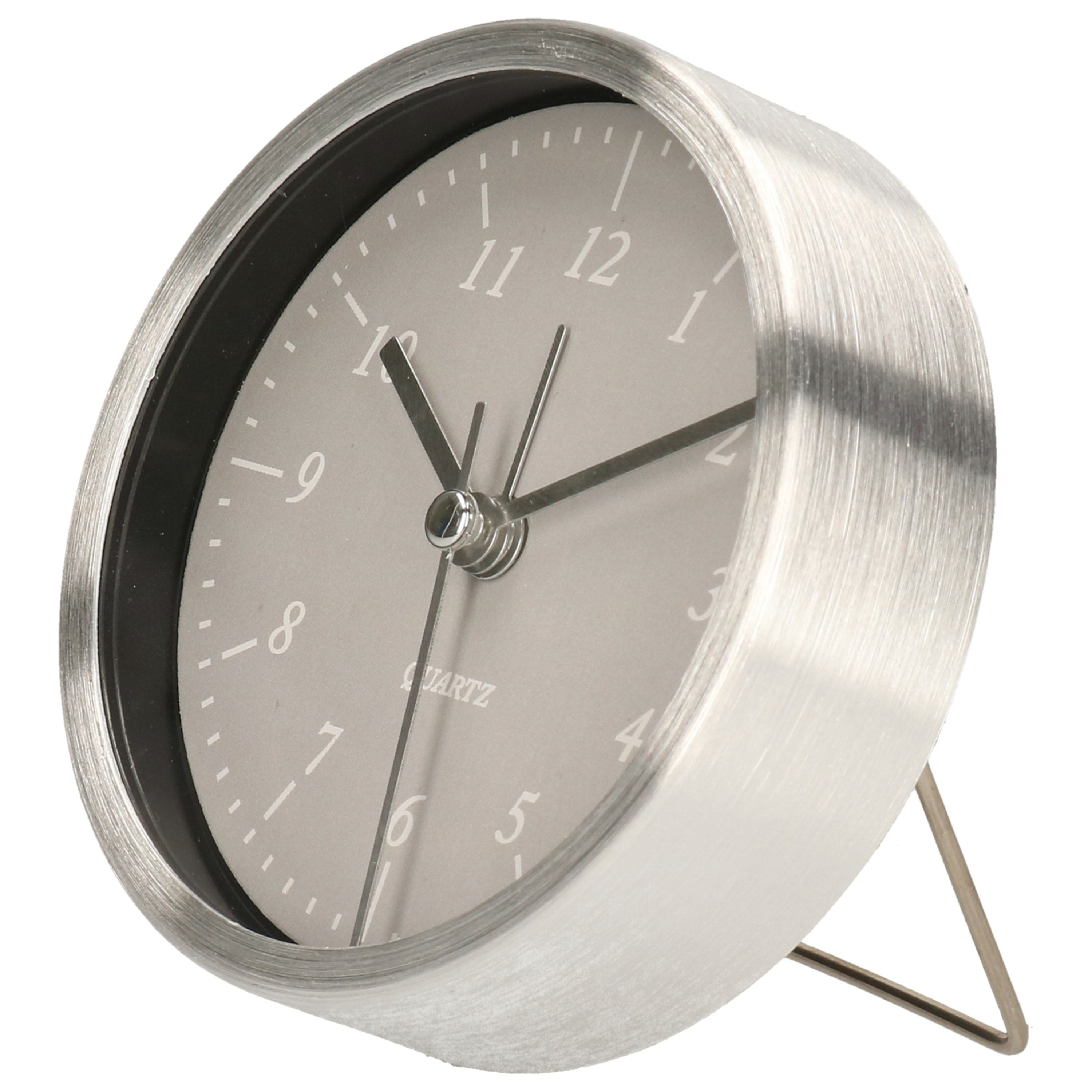 Gerimport Wekker/alarmklok analoog - zilver/grijs - aluminium/glas - 9 x 2,5 cm - staand model -