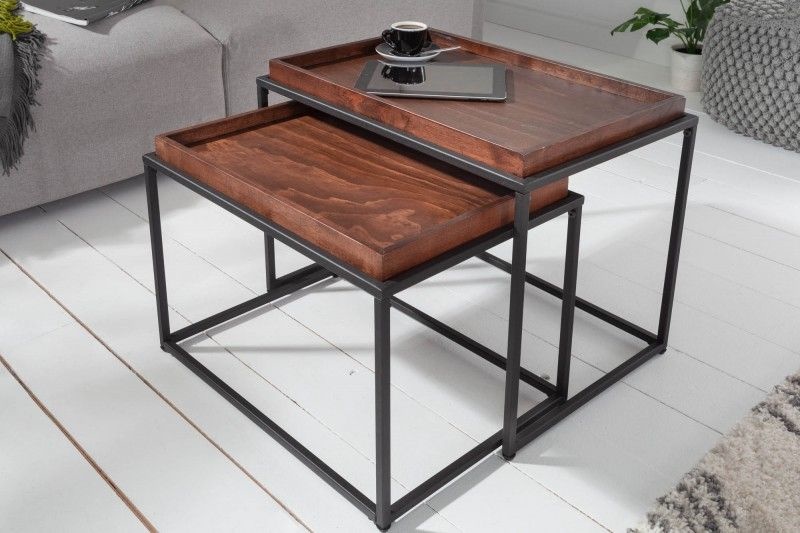 Invicta Interior industrieele set van 2 salontafels ELEMENTS 60cm mokka beuken uitneembaar blad - 39719