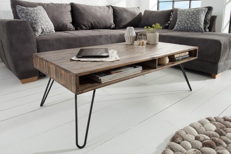 Invicta Interior Handgemaakte salontafel SCORPION 110cm acacia zwarte haarspeldpoten massief hout met opbergruimte - 38830
