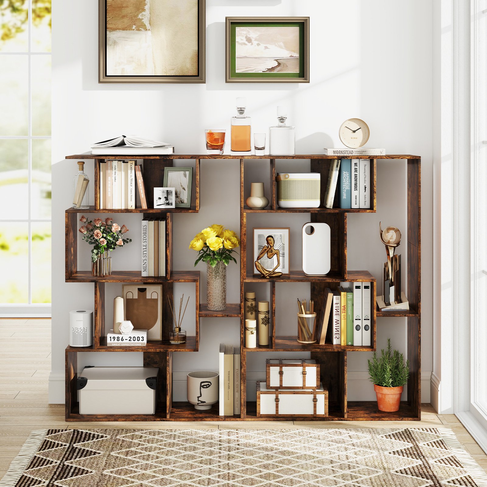 Costway Open Geometrisch Boekenrek 6-cube Grote Boekenrek met Kantelbeveiligingen Vloerorganizer Display Rek Bruin