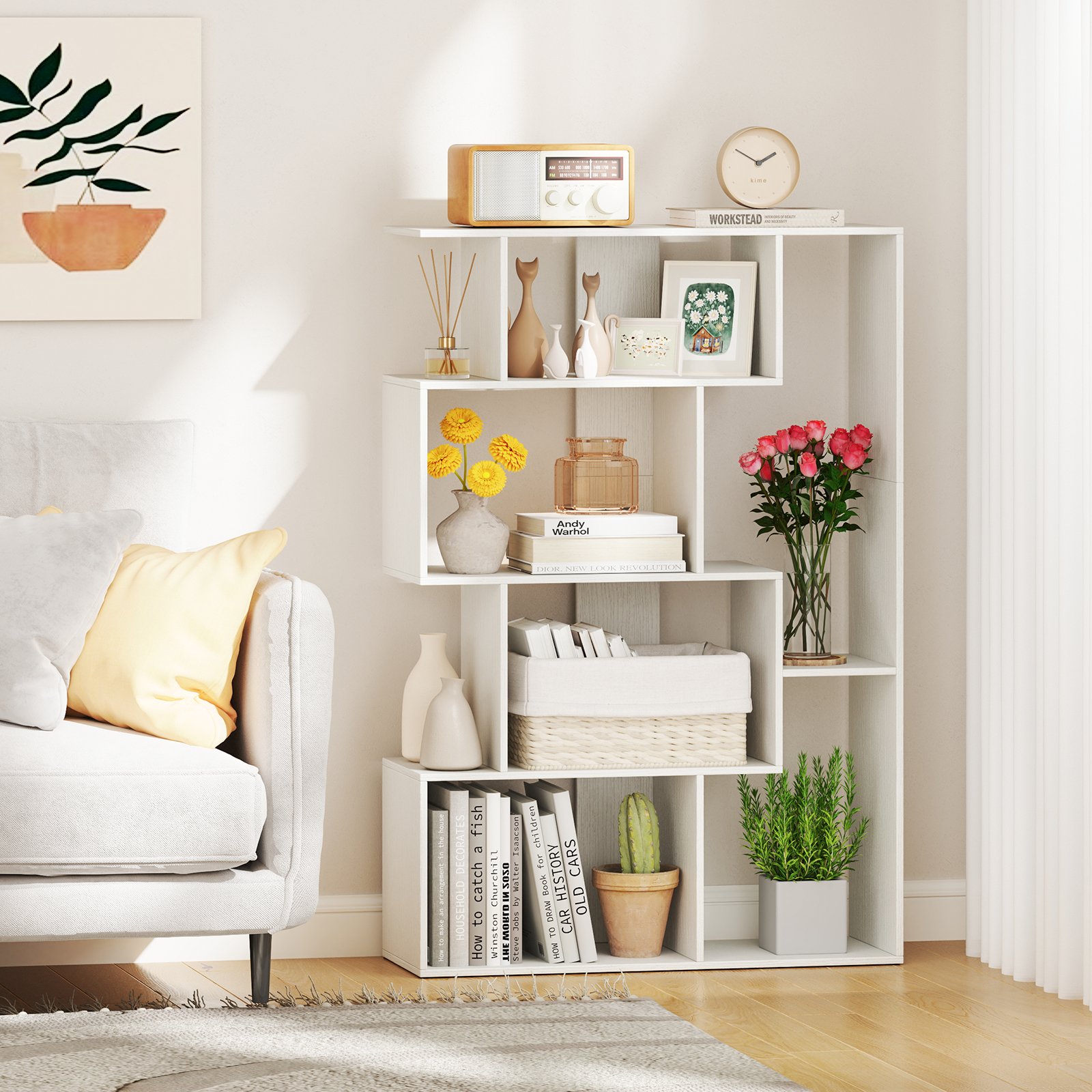 Costway Open Geometrisch Boekenrek 6-cube Grote Boekenrek met Kantelbeveiligingen Vloerorganizer Display rek