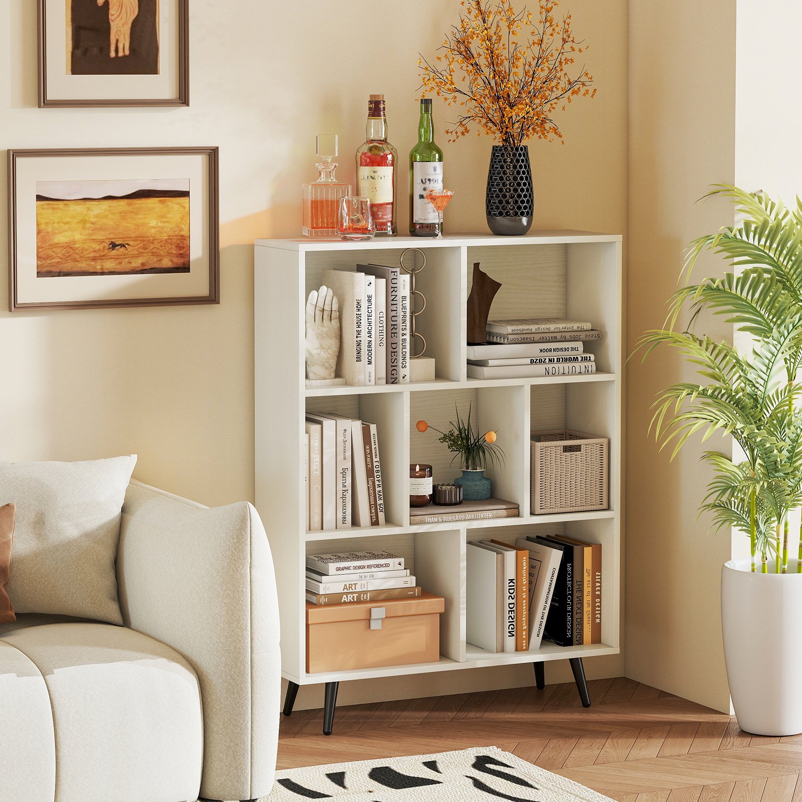 Costway Boekenkast met Vakken Staande Kast met 3 Niveaus & Houten Poten Cube Kast Bureau Kast 80 cm