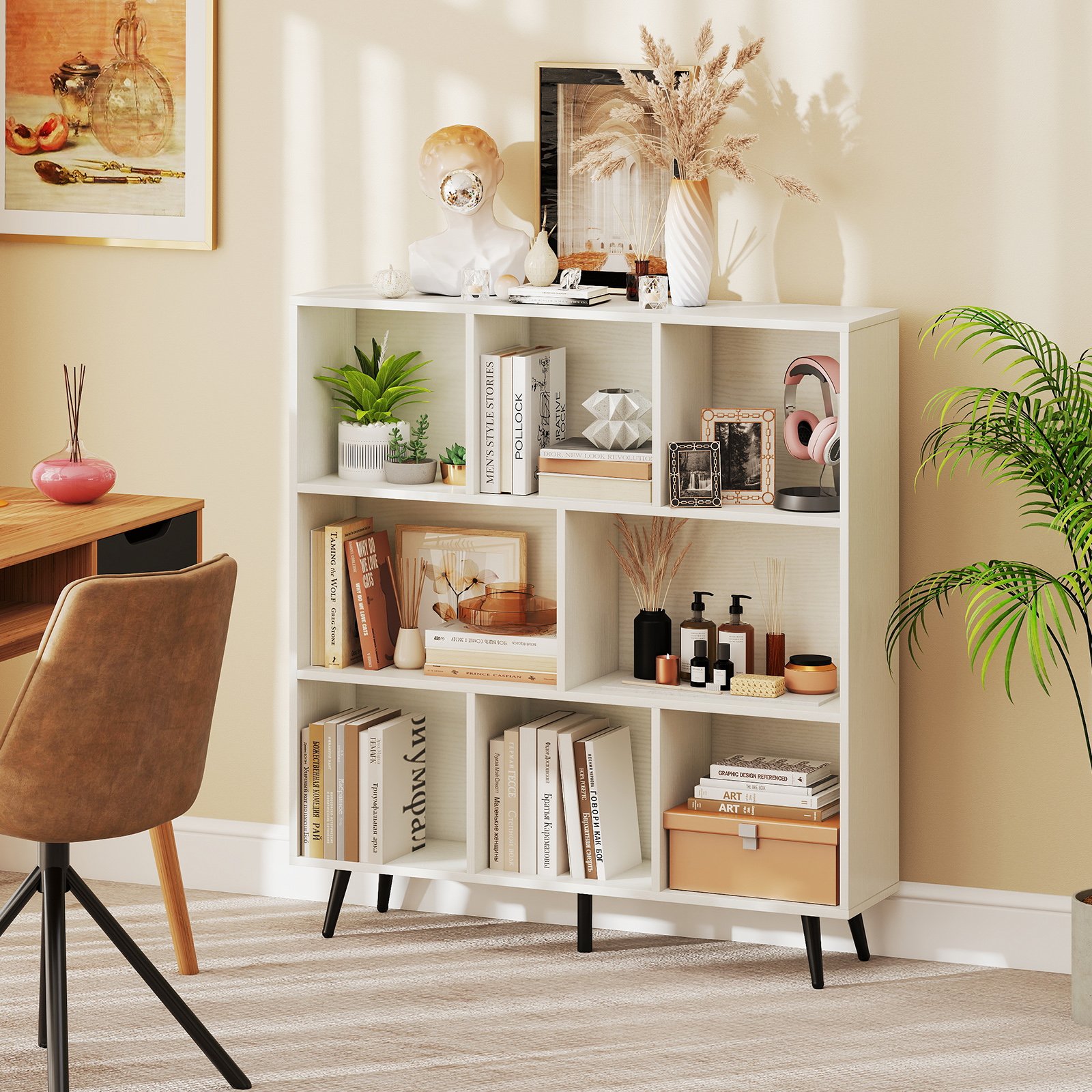 Costway Boekenkast met Vakken Vrijstaande Kast met 3 Niveaus & Houten Poten Cube Kast Bureau Kast 100 cm