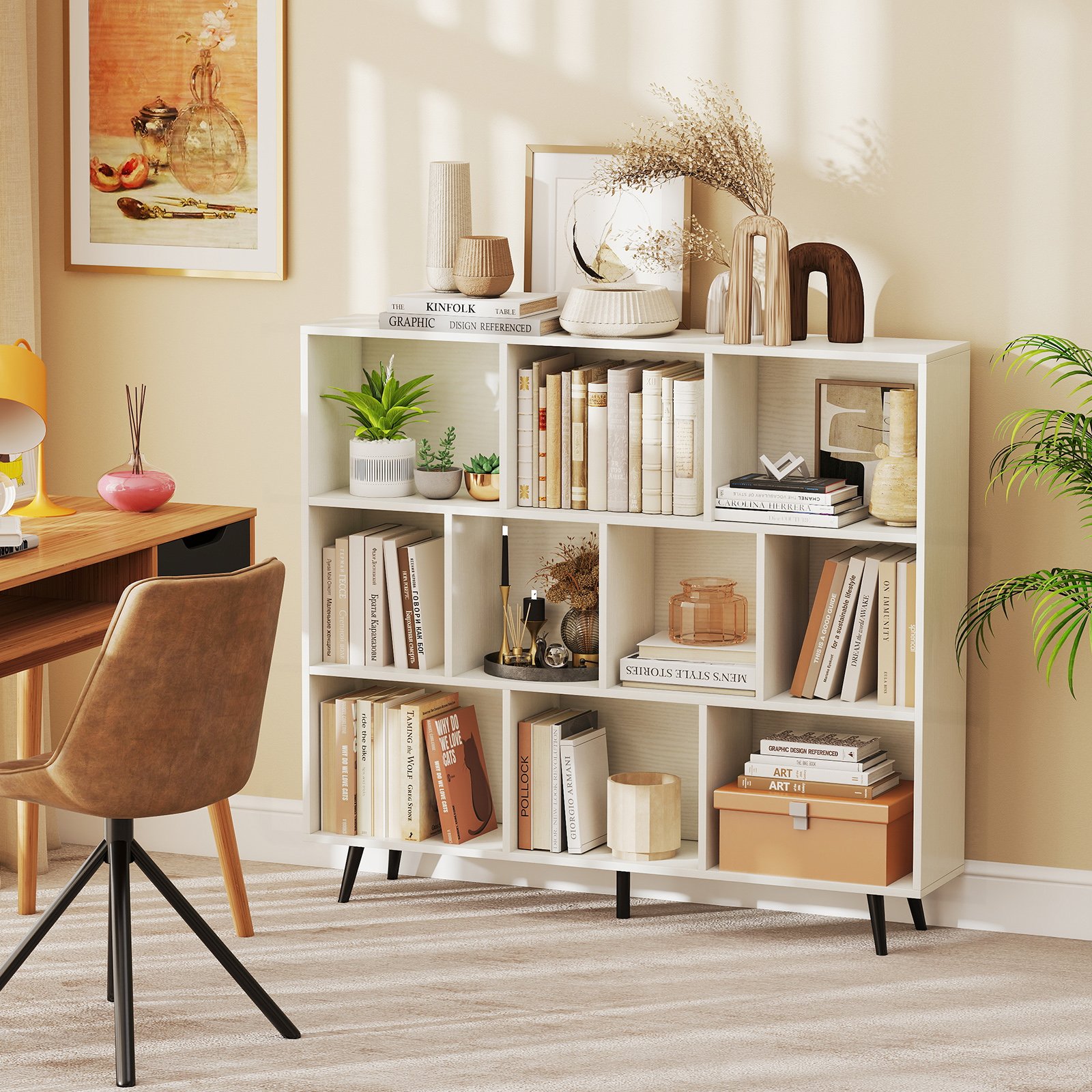 Costway Boekenkast met Vakken Staande Kast met 3 Niveaus & Houten Poten Cube Kast Bureau Kast 120 cm