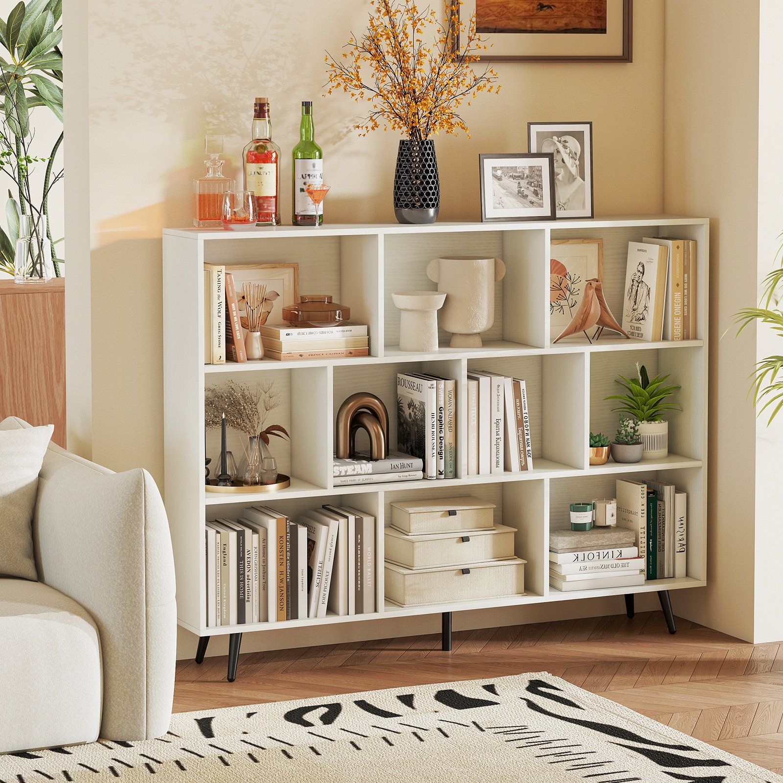 Costway Boekenkast met Vakken Vrijstaande kast met 3 Niveaus & Houten Poten Cube Kast Bureau Kast 140 cm