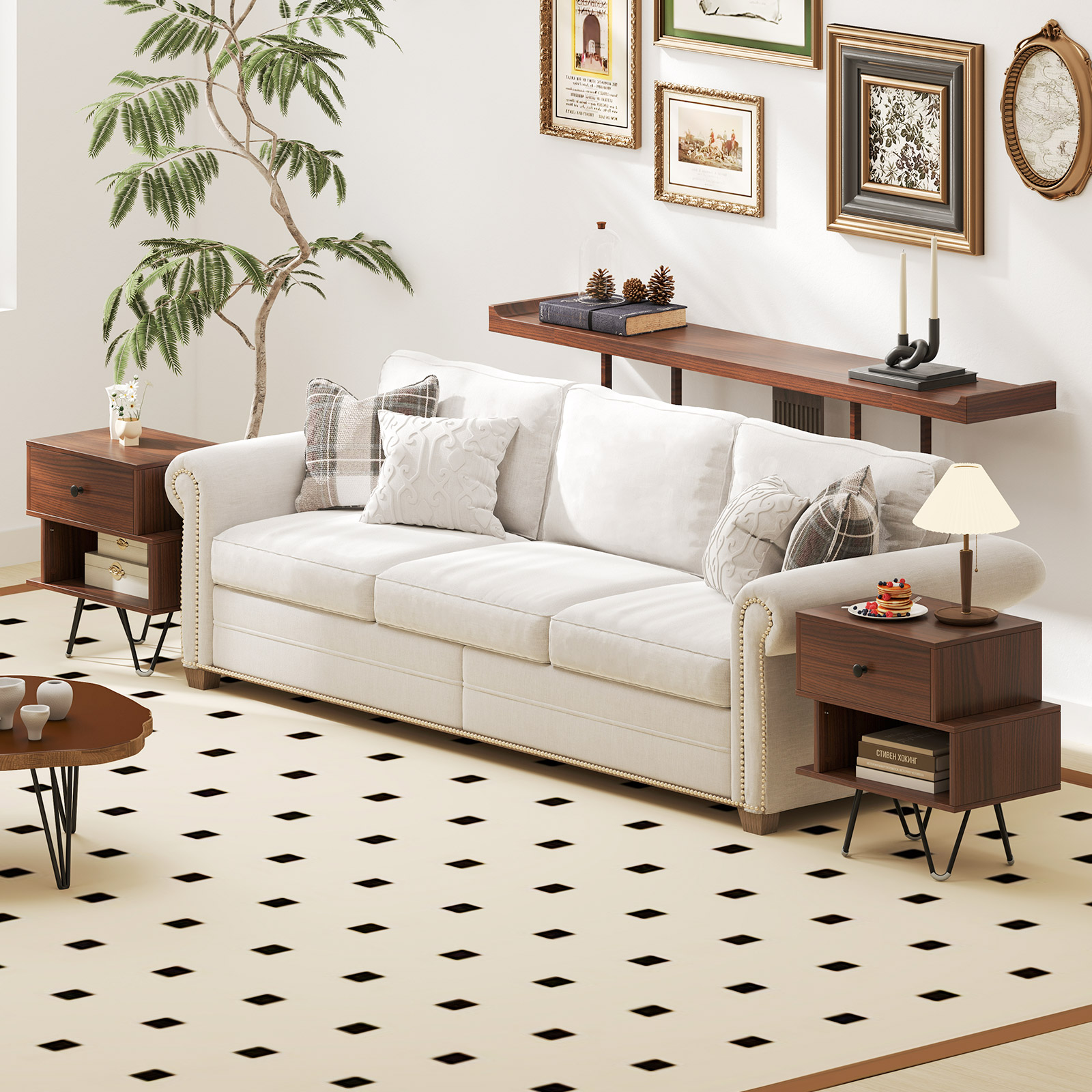 Costway 2-delige set Nachttafels met Afneembare Lade en Open Vak Mid-century Salontafel Bruin