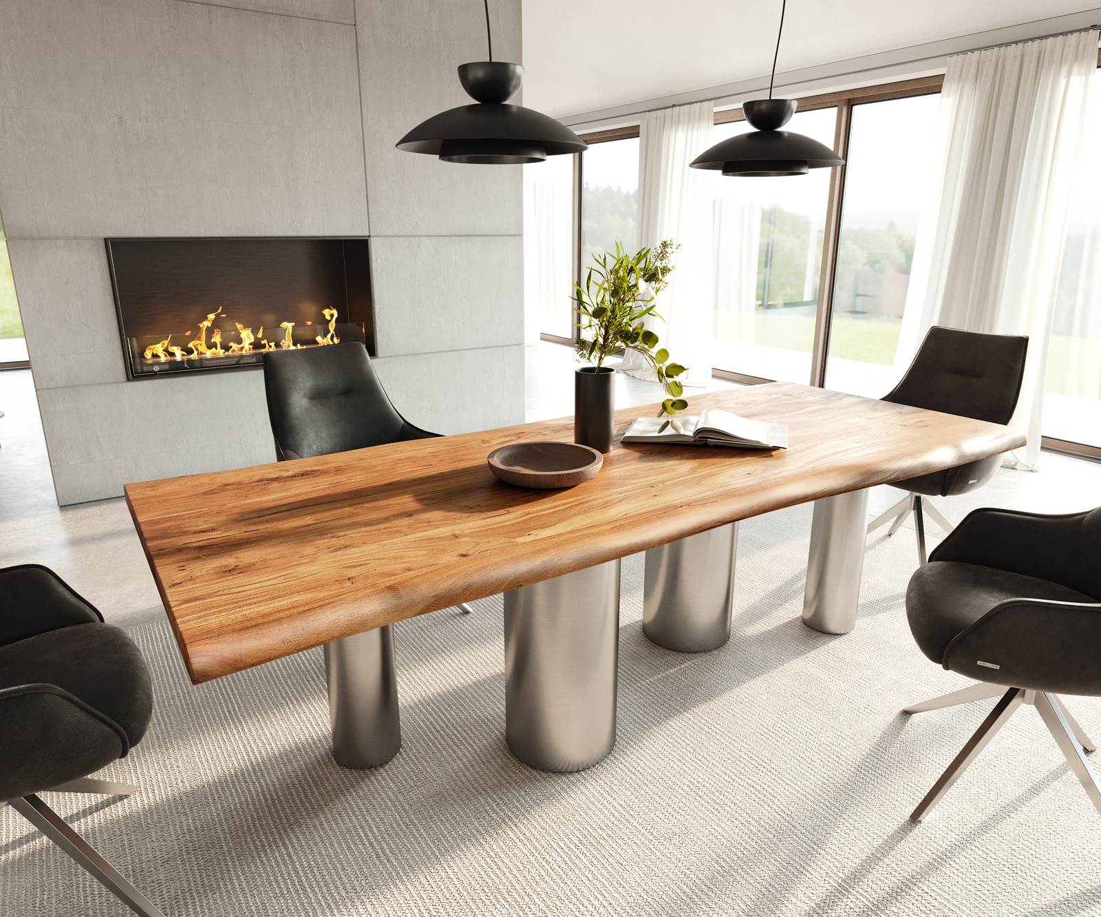DELIFE Esstisch Edge 240x100 Akazie Natur Pilier Edelstahl gebürstet Live-Edge