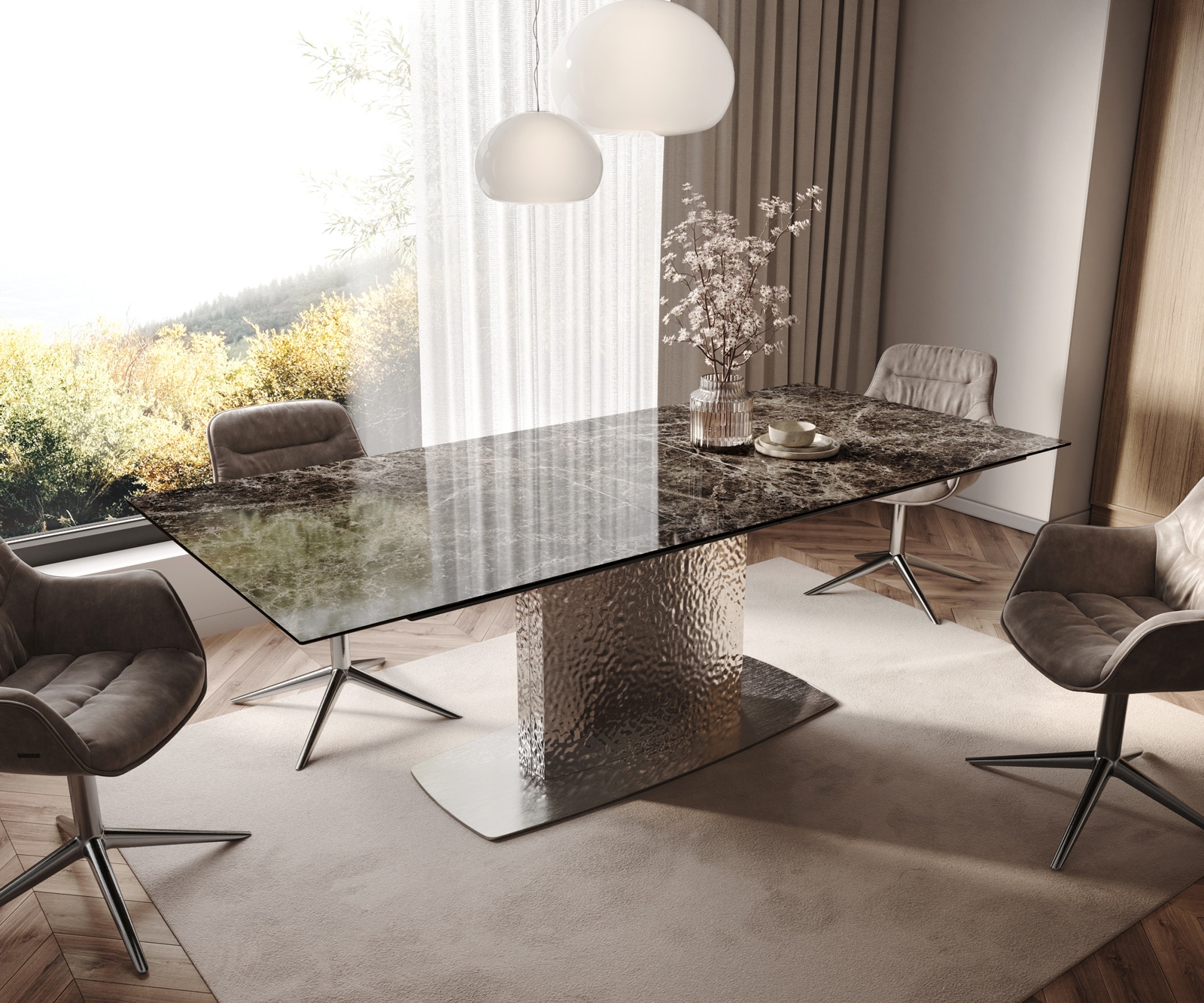 DELIFE Esstisch Edge 180-220x100 Keramik Laminam Emperador Extra Lucidato Dunkelbraun Wave Edelstahl ausziehbar