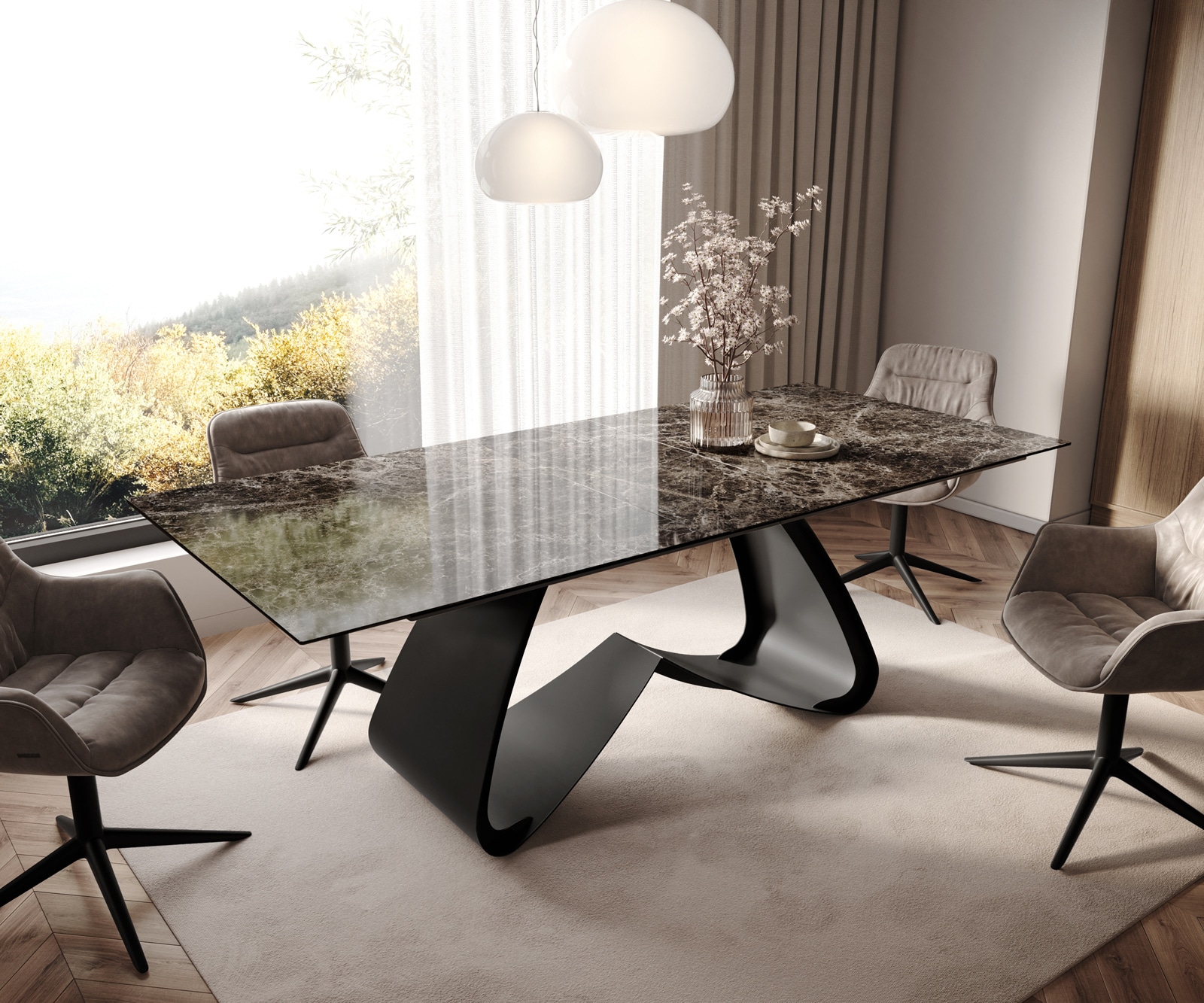 DELIFE Esstisch Edge 180-220x100 Keramik Laminam Emperador Extra Lucidato Dunkelbraun W-Gestell Schwarz ausziehbar