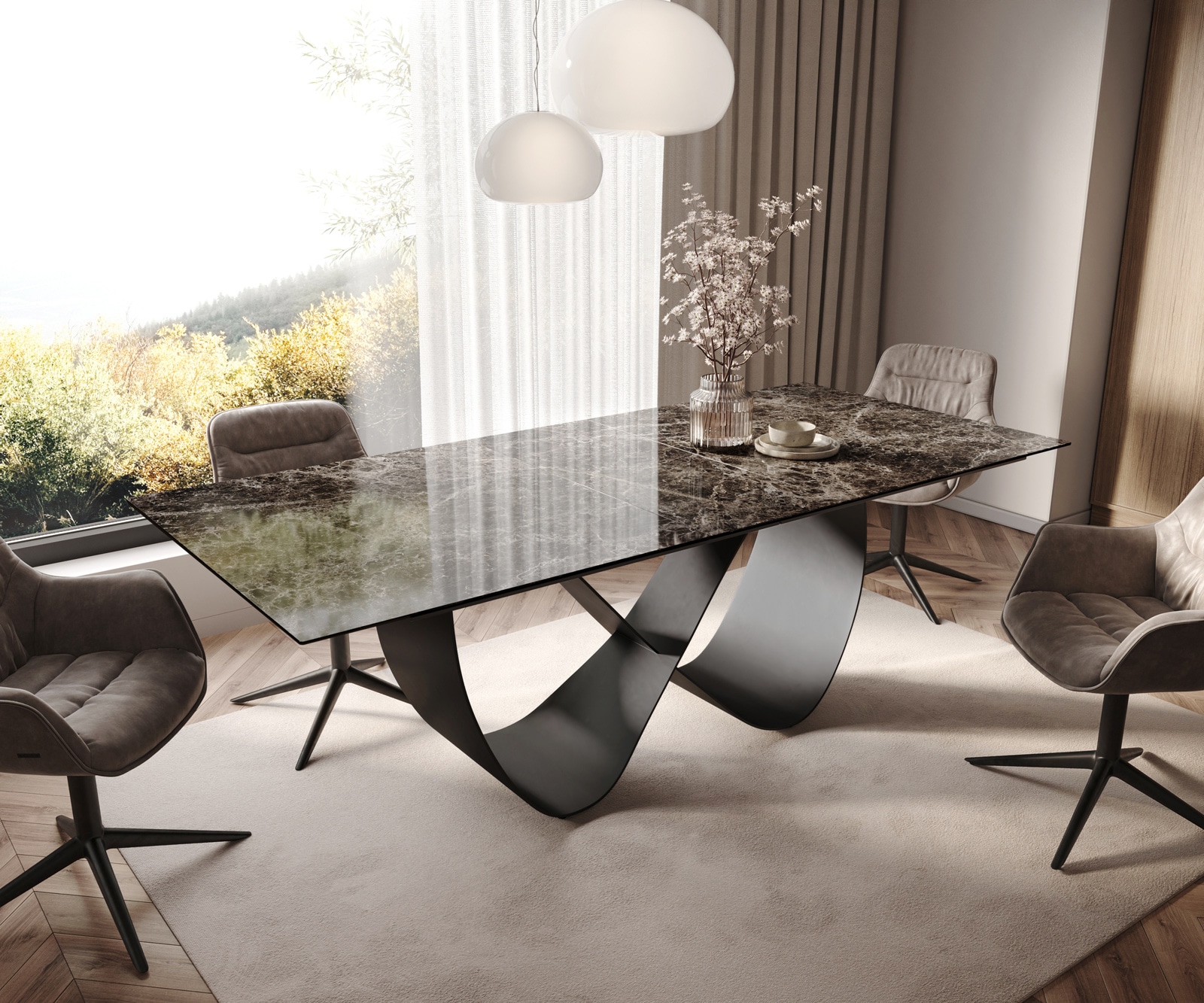 DELIFE Esstisch Edge 180-220x100 Keramik Laminam Emperador Extra Lucidato Dunkelbraun Infinity Metall Schwarz ausziehbar
