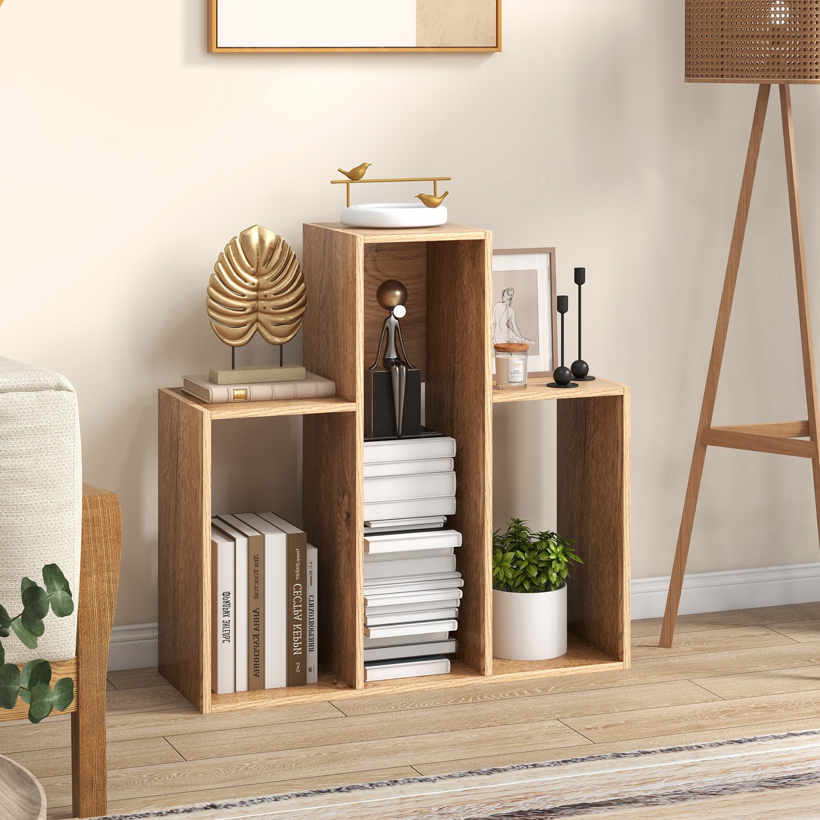 Costway Convex Boekenrek met Kantelbeveiliging 3 Niveaus Staand rek Kamerscherm 29,5 x 84 x 83,5 cm Natuur