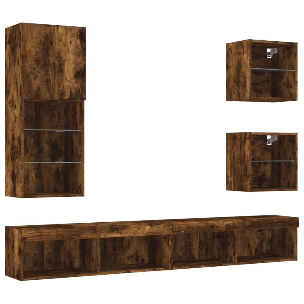 vidaXL 5-delige tv-wandmeubelset met LED bewerkt hout gerookt eiken