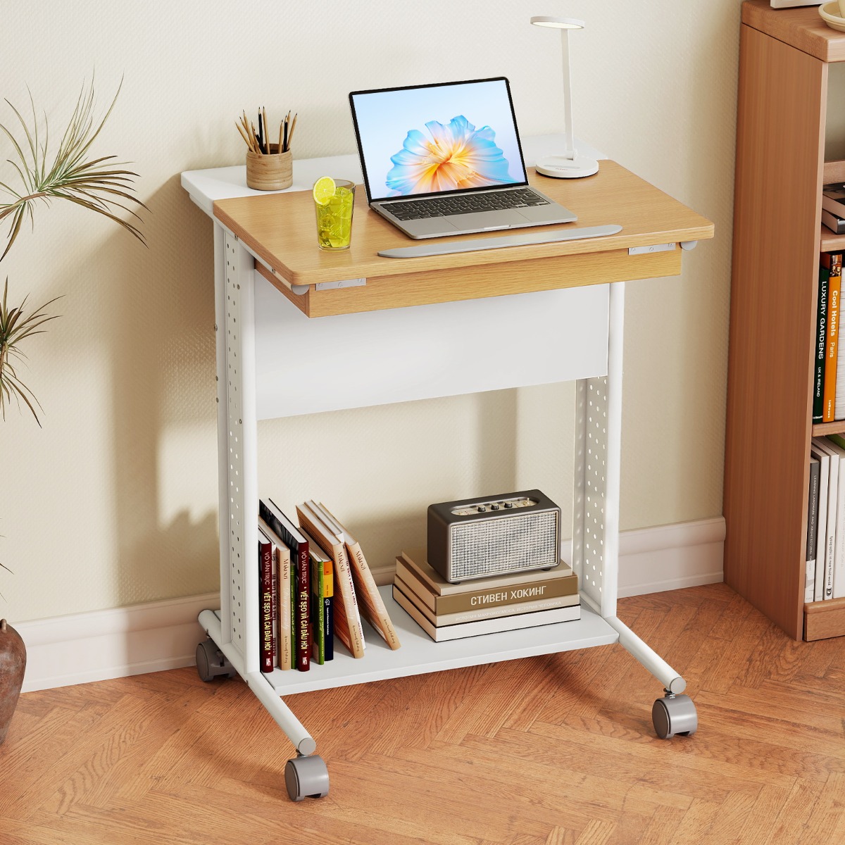 Costway Bureau met Wielen & Kantelbare Tafelblad Mobiele Computerbureau PC-Tafel Laptoptafel Natuur