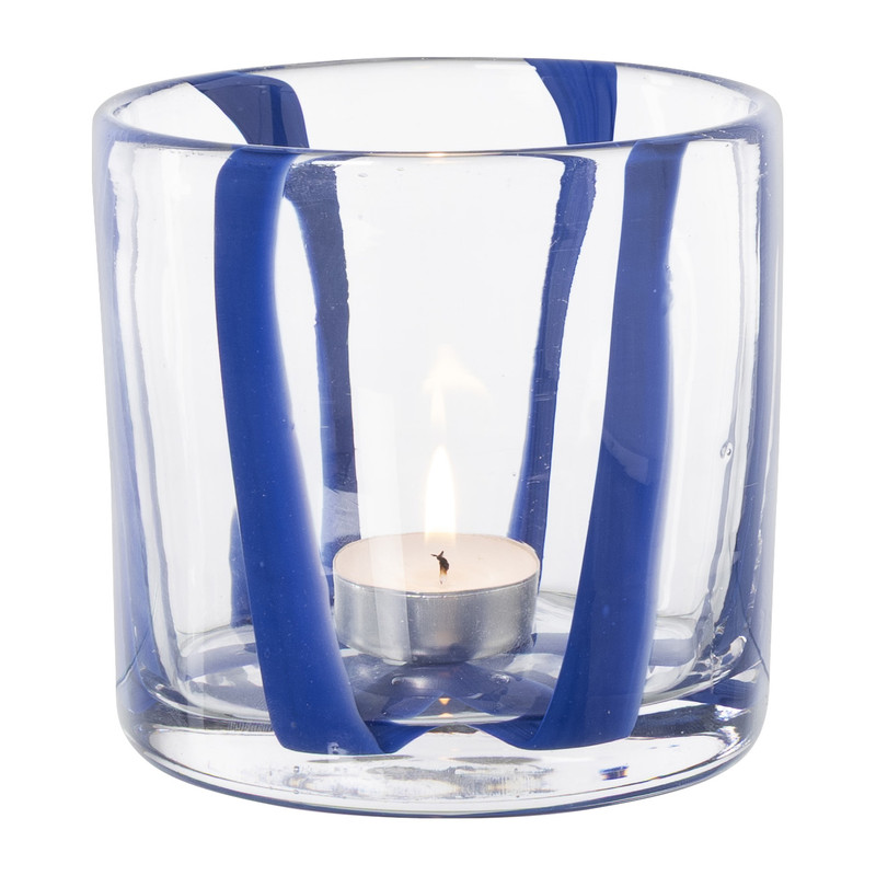 Xenos Waxinelichthouder streep - blauw - ø10x10 cm