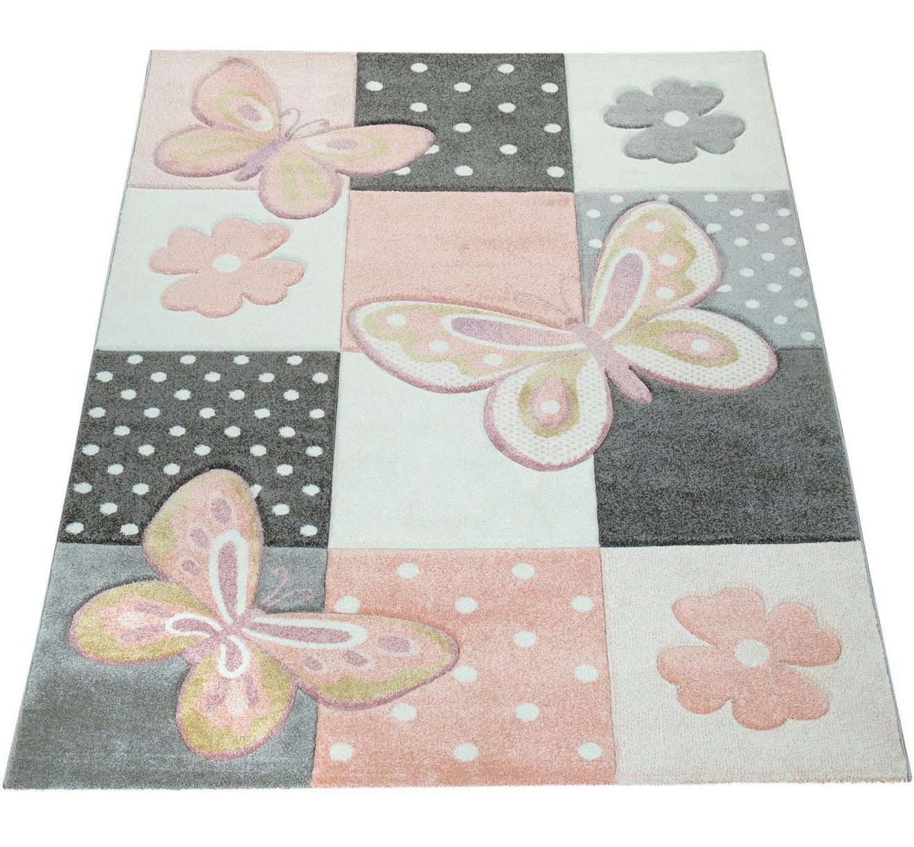 Paco Home Kindervloerkleed Cosmo 220 3d-design, patchwork motief, schattig motief vlinders & stippen