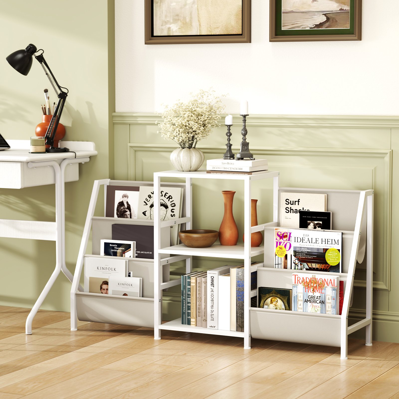 Costway Platenstandaard met Vinylrek & 3 Planken & 6 Opbergzakken Platenstandaard Wit