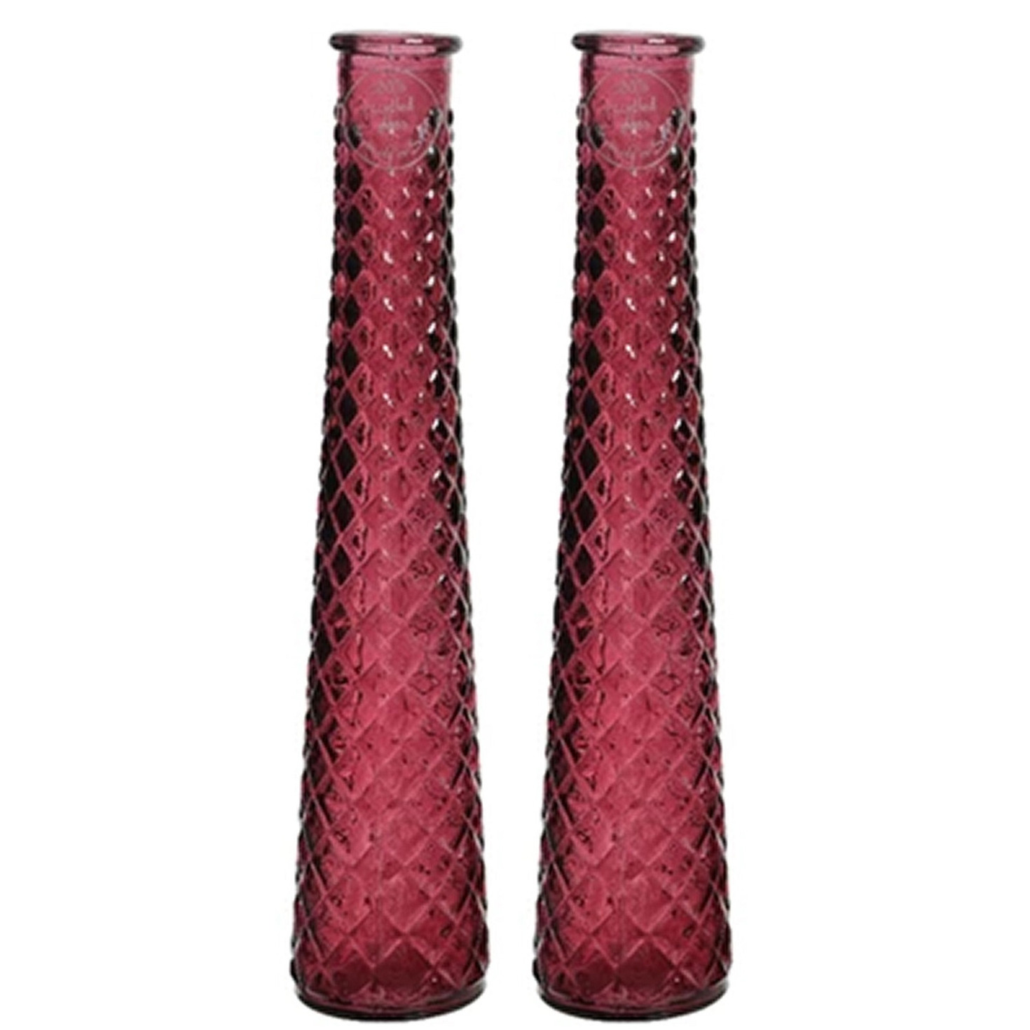 Decoris 2x stuks vazen/bloemenvazen van gerecycled glas - D7 x H32 cm - rood -