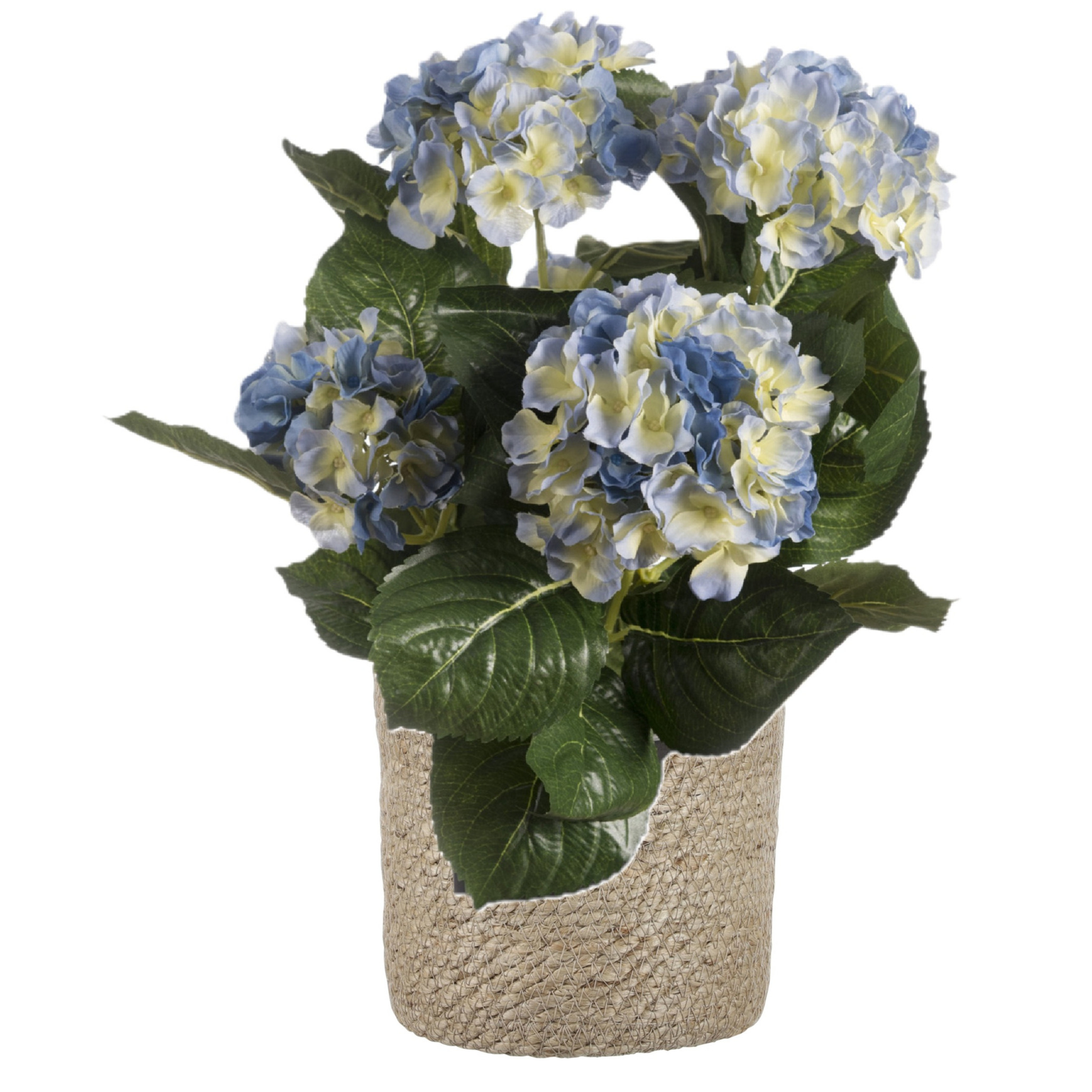 Merkloos Kunstplant met plantenmand - Hortensia hdrangea - blauw - rotan pot - bruin -