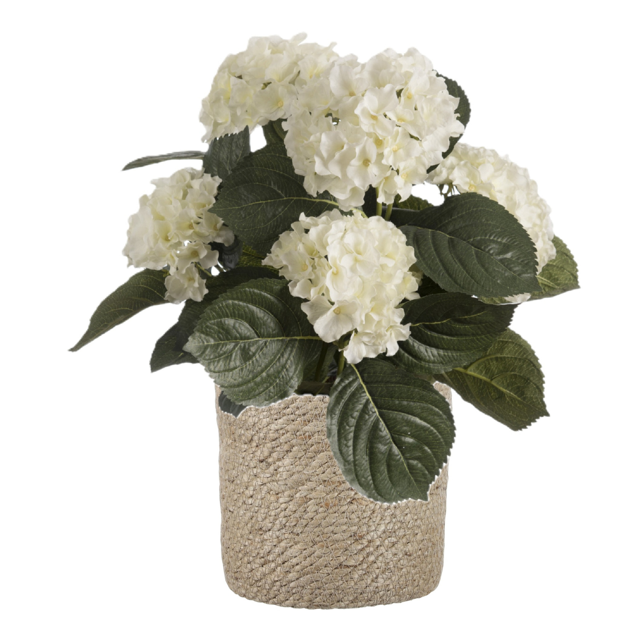 Merkloos Kunstplant met plantenmand - Hortensia hdrangea - wit - rotan pot - bruin -
