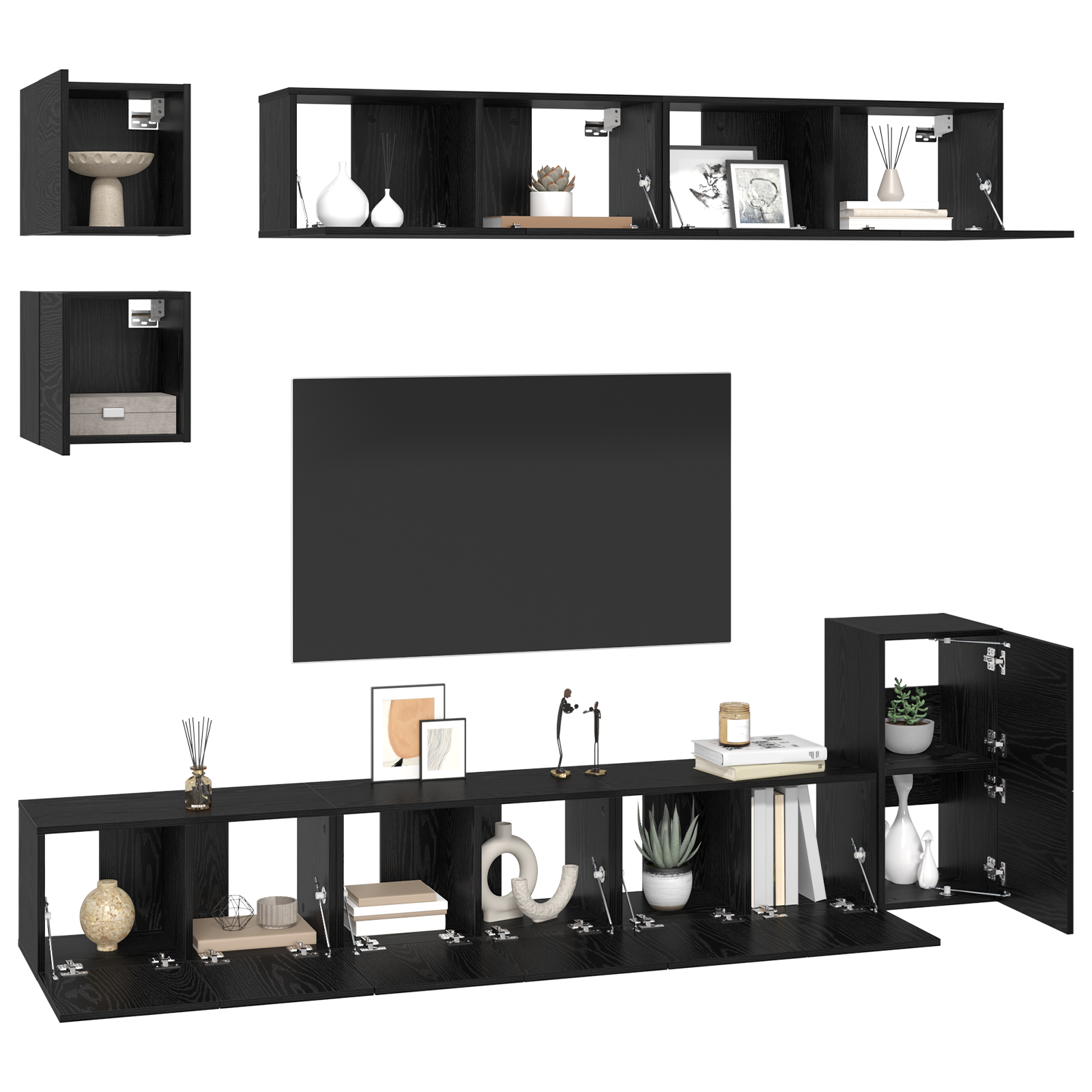 vidaXL Tv-meubelset Wandgemonteerd 8 pcs Zwart Eiken Bewerkt hout