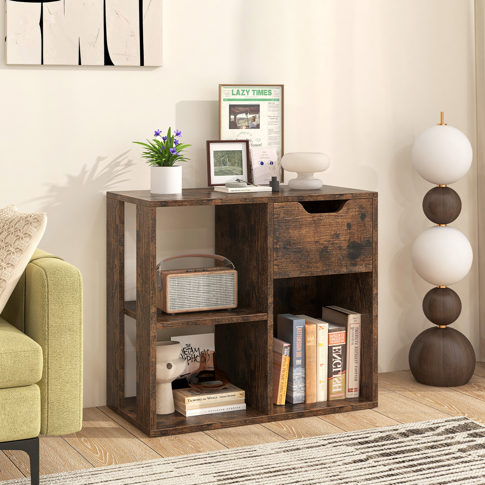 Costway Houten Boekenrek met Lade & 3 Vakken Kubusrek Bureau Rek Kamerscherm Staand Rek Bruin