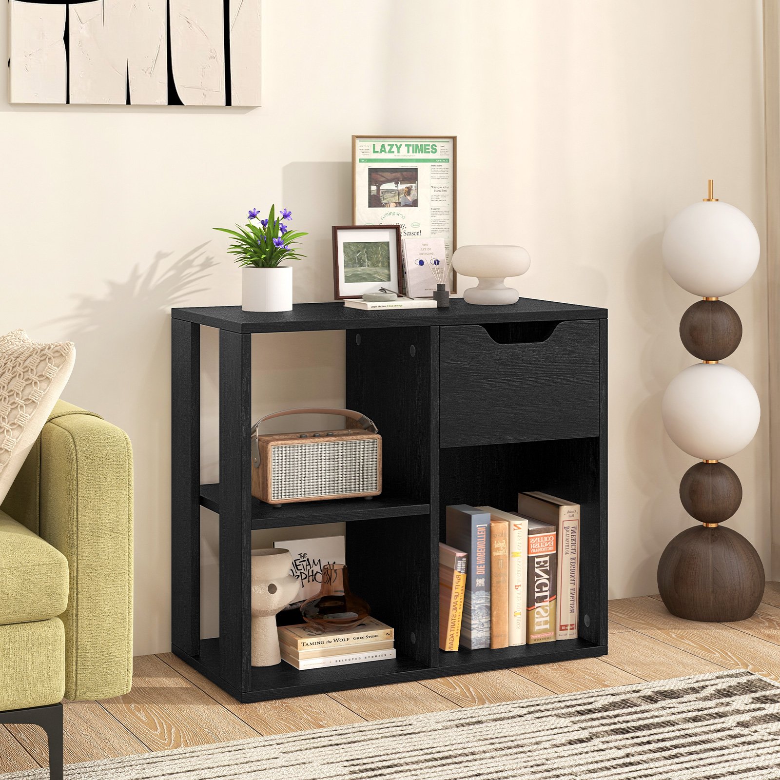 Costway Houten Boekenrek met Lade & 3 Vakken Kubusrek Bureau Rek Kamerscherm Staand Rek Zwart