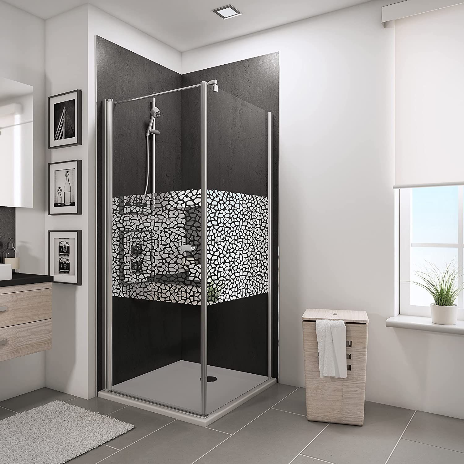 SCHULTE Newstyle Draaideur Met Zijwand 90x90x192 Cm. Chroom Profiel Decorglas Terrazzo Spiegelglas.