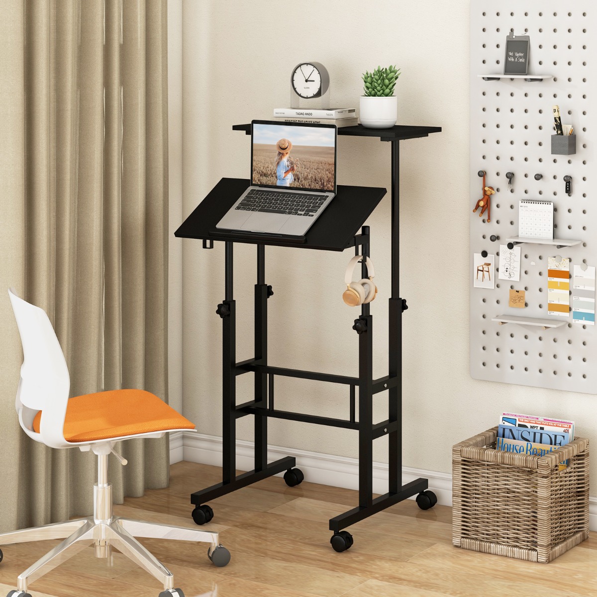 Costway Mobiele Sta-bureau in Hoogte Verstelbare Laptoptafel met Gedeeld Blad & Verstelbare Hoek Verrijdbaar Bureau voor Thuiswerken