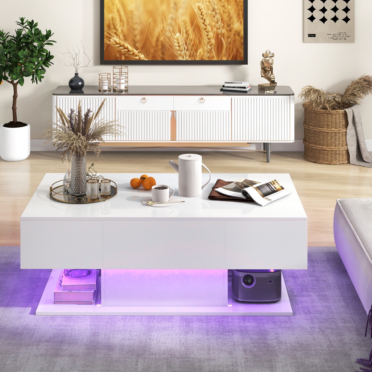 Costway Moderne LED Salontafel Bijzettafel met 2 Niveaus met 20 Gekleurde LED-Lampjes en 2 Opbergladen Rechthoekige Centrale Tafel Wit