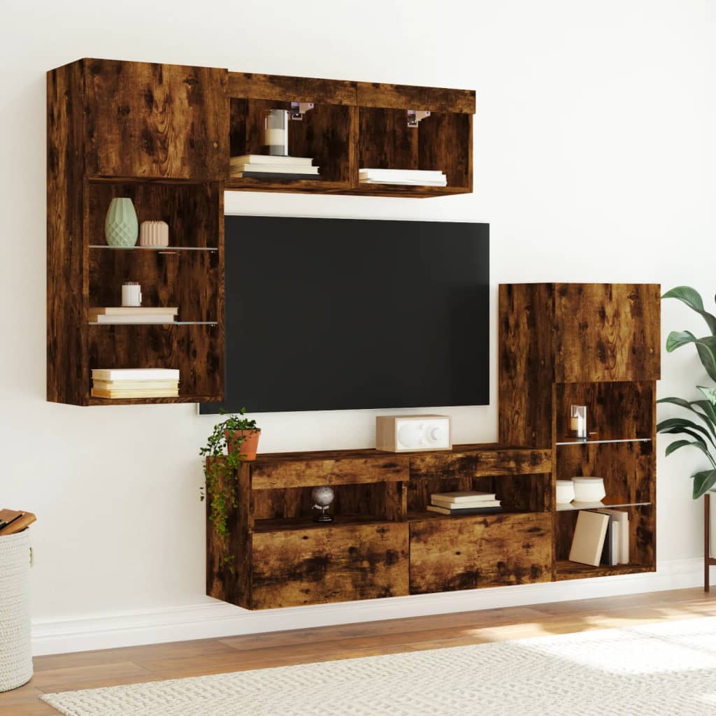 vidaXL 5-delige tv-wandmeubelset met LED bewerkt hout gerookt eiken