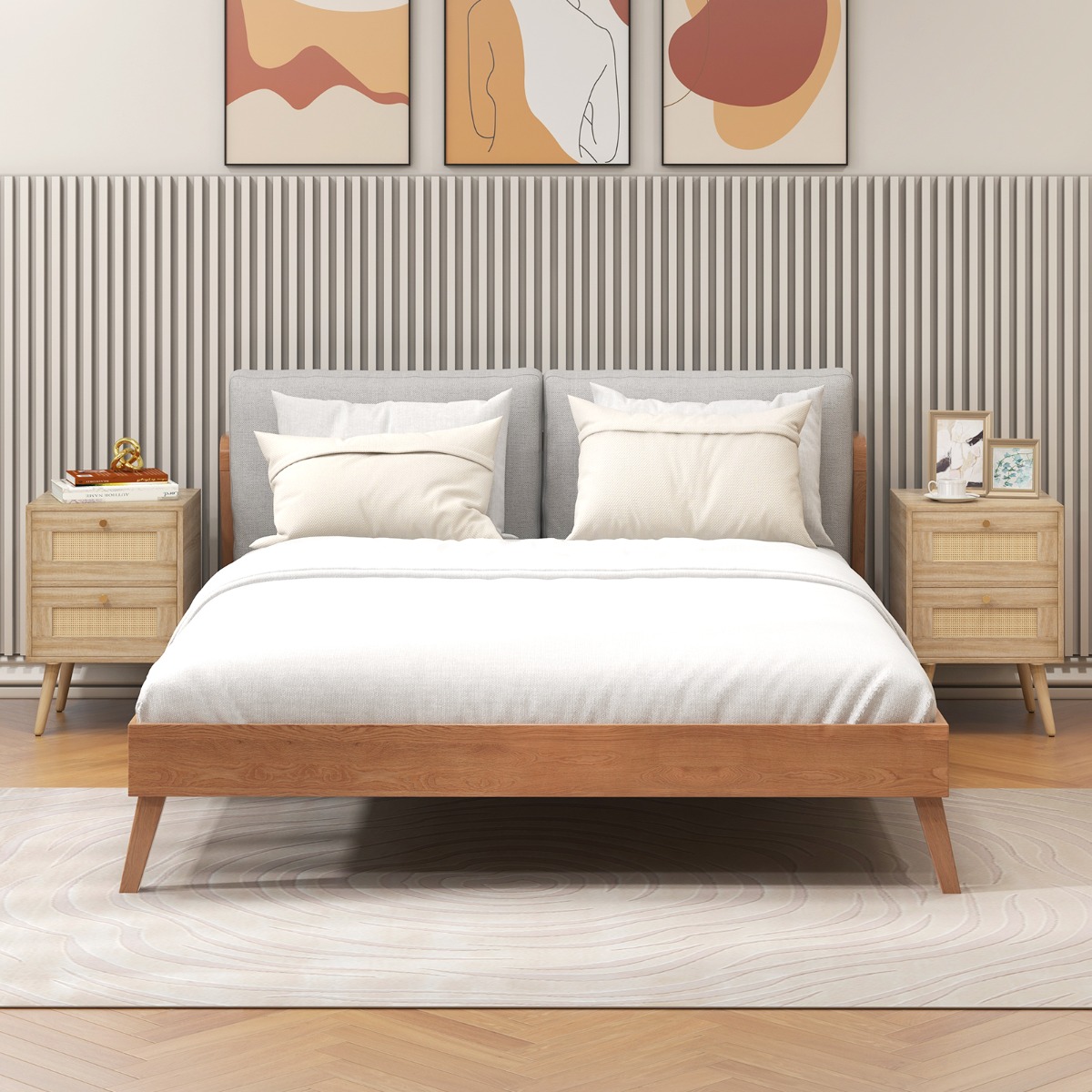 Costway 2-Delige Set Rieten Nachttafel in Boho-Stijl met 2 Lades en Massief Houten Poten Nachtkastje