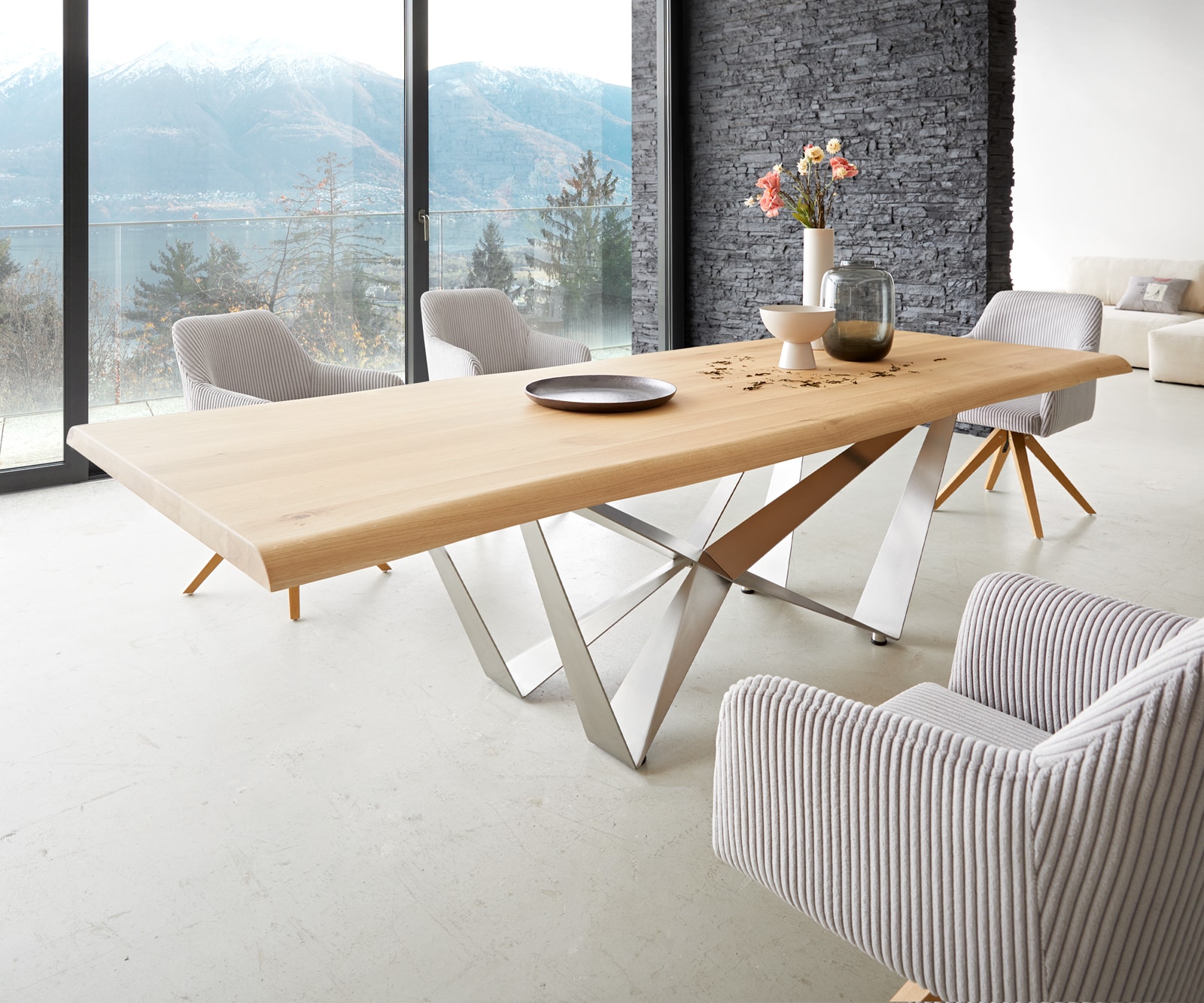 DELIFE Esstisch Edge 260x100 Eiche Natur Spider Flachstahl Edelstahl Live-Edge